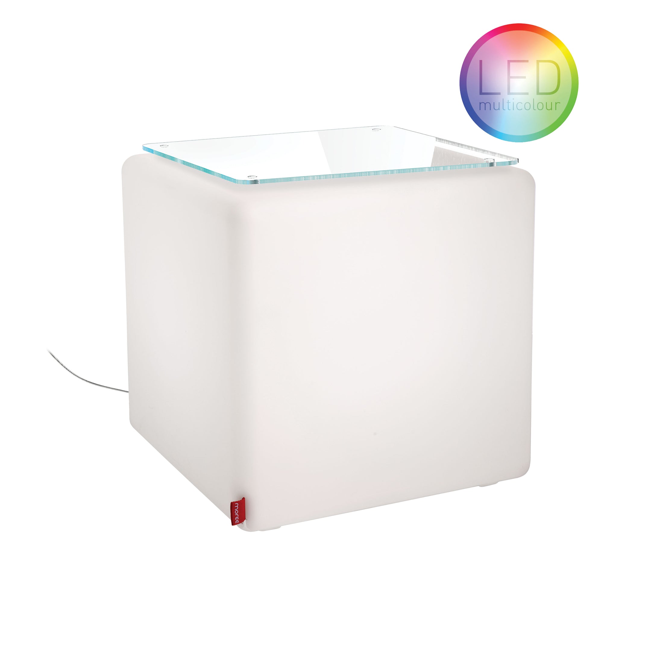 CUBE INDOOR LED von Moree, würfelförmiger, weißer, Kunststoff Beistelltisch, wahlweise mit einer Abdeckplatte aus Glas oder farbigem Filz; dimmbar, 9 Programme, inklusive Fernbedienung.