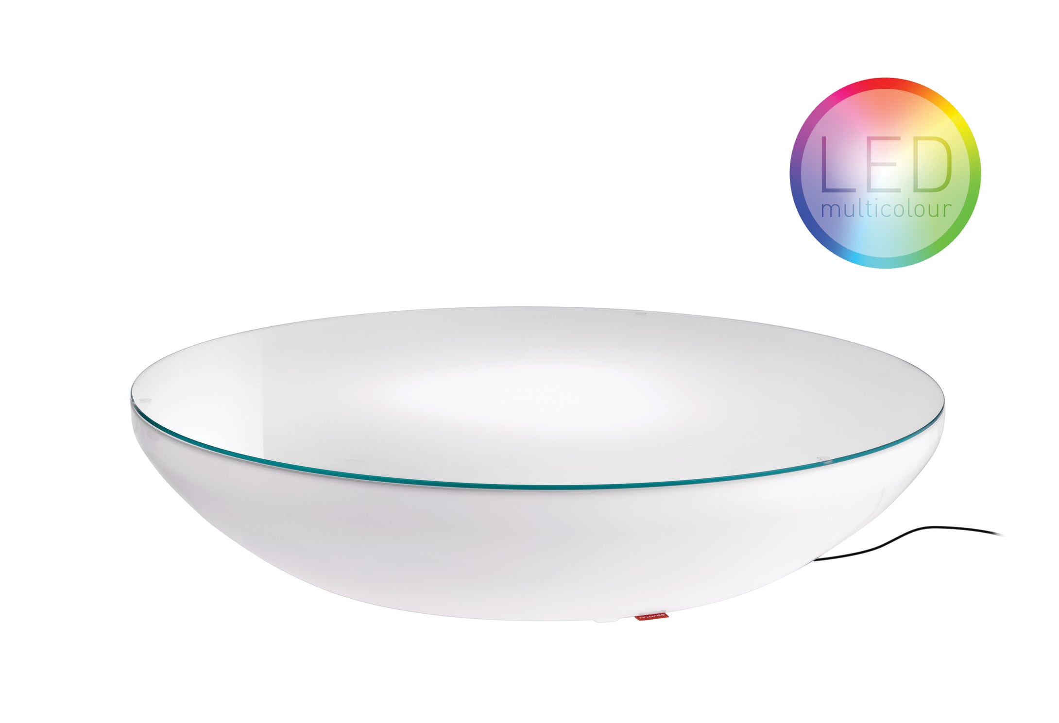 Lounge Variation LED Pro Outdoor von Moree; beleuchteter, runder Tisch, der im Design entfernt an eine flache Schale erinnert; weiß aus PMMA, glänzend beschichtet mit einer Deckplatte aus Sicherheitsglas; incl. LED-Einheit und Fernbedienung.