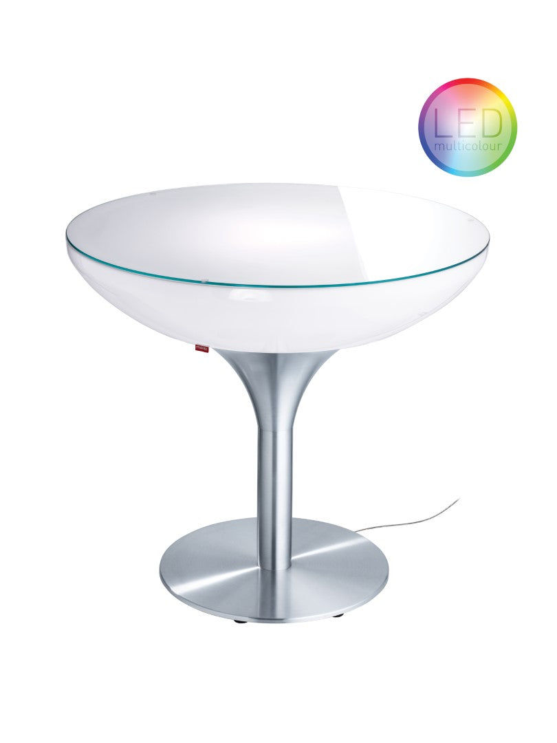 Lounge 75 Indoor LED von Moree; beleuchteter Tisch im Design einer Sektschale, Tischkörper weiß transluzent mit Glasplatte aus Sicherheitsglas und einem Gestell aus Aluminium mit runder Bodenplatte; incl. LED-Leuchtmittel und Fernbedienung.