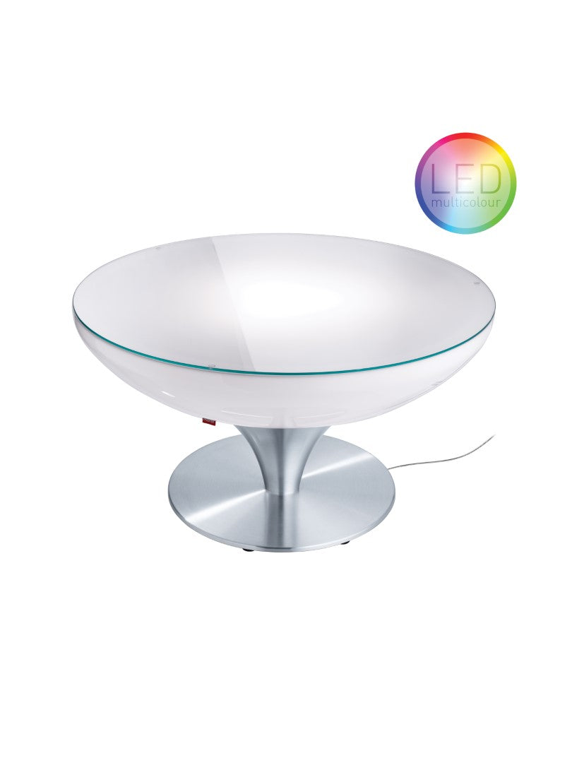 Lounge 45 Indoor LED von Moree; beleuchteter Tisch im Design einer Sektschale, Tischkörper weiß transluzent mit Glasplatte aus Sicherheitsglas und einem Gestell aus Aluminium mit runder Bodenplatte; incl. LED-Leuchtmittel und Fernbedienung.