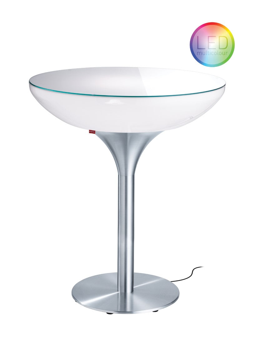 Lounge 105 Outdoor LED von Moree; beleuchteter Tisch im Design einer Sektschale, Tischkörper weiß transluzent mit Glasplatte aus Sicherheitsglas und einem Gestell aus Aluminium mit runder Bodenplatte;  incl. LED-Einheit und Fernbedienung.