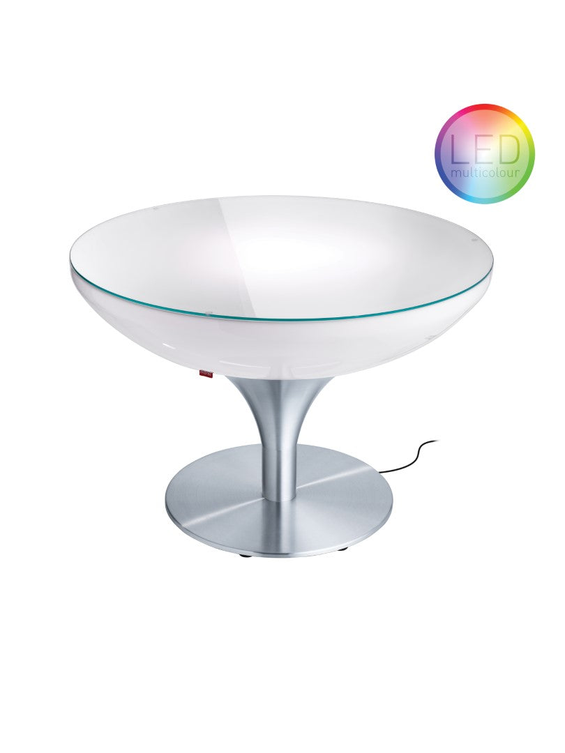 Lounge 55 Outdoor LED von Moree; beleuchteter Tisch im Design einer Sektschale, Tischkörper weiß transluzent mit Glasplatte aus Sicherheitsglas und einem Gestell aus Aluminium mit runder Bodenplatte; incl. LED-Leuchtmittel und Fernbedienung