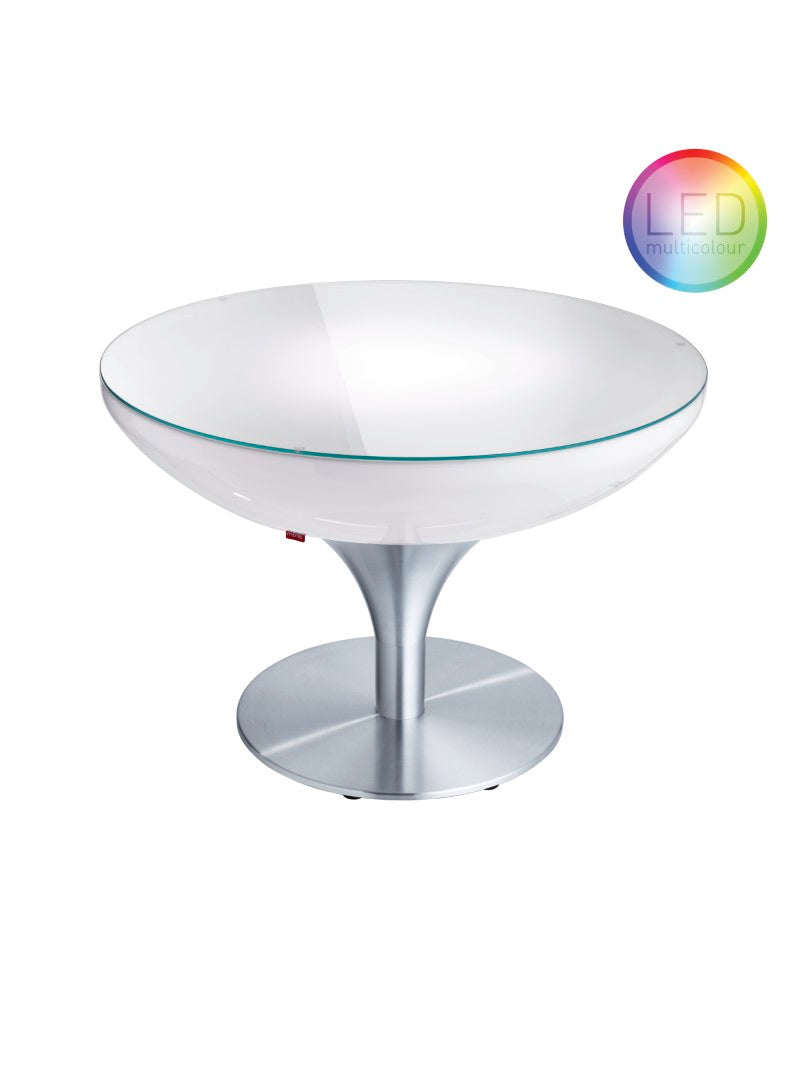 Lounge 55 LED Accu Outdoor von Moree; beleuchteter Tisch im Design einer Sektschale, Tischkörper weiß transluzent mit Glasplatte aus Sicherheitsglas und einem Gestell aus Aluminium mit runder Bodenplatte; incl. LED-Einheit mit Multicolor/Warmweiß LEDs und Fernbedienung.