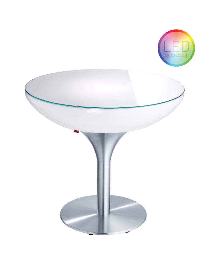 Lounge 75 LED Accu Outdoor von Moree; beleuchteter Tisch im Design einer Sektschale, Tischkörper weiß transluzent mit Glasplatte aus Sicherheitsglas und einem Gestell aus Aluminium mit runder Bodenplatte; incl. LED-Einheit mit Multicolor/Warmweiß LEDs und Fernbedienung.