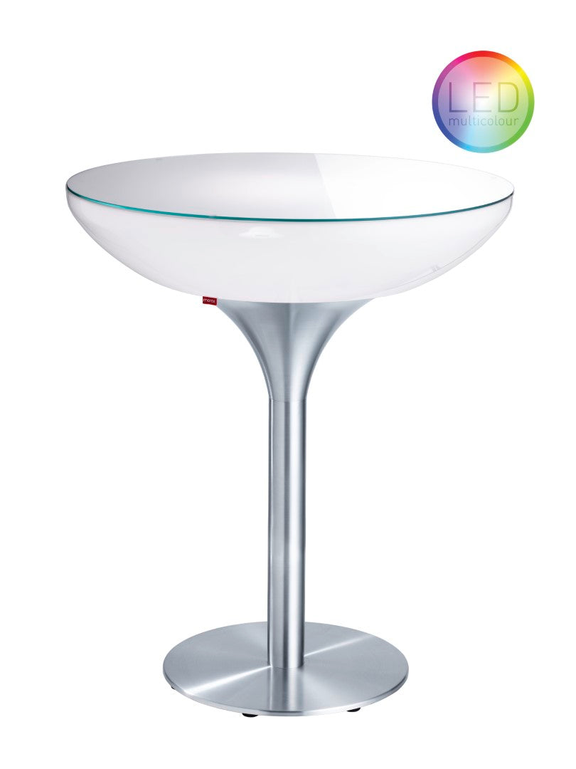 Lounge 105 LED Accu Outdoor von Moree; beleuchteter Tisch im Design einer Sektschale, Tischkörper weiß transluzent mit Glasplatte aus Sicherheitsglas und einem Gestell aus Aluminium mit runder Bodenplatte; inklusive LEDLED-Einheit mit Multicolor/Warmweiß und Fernbedienung.
