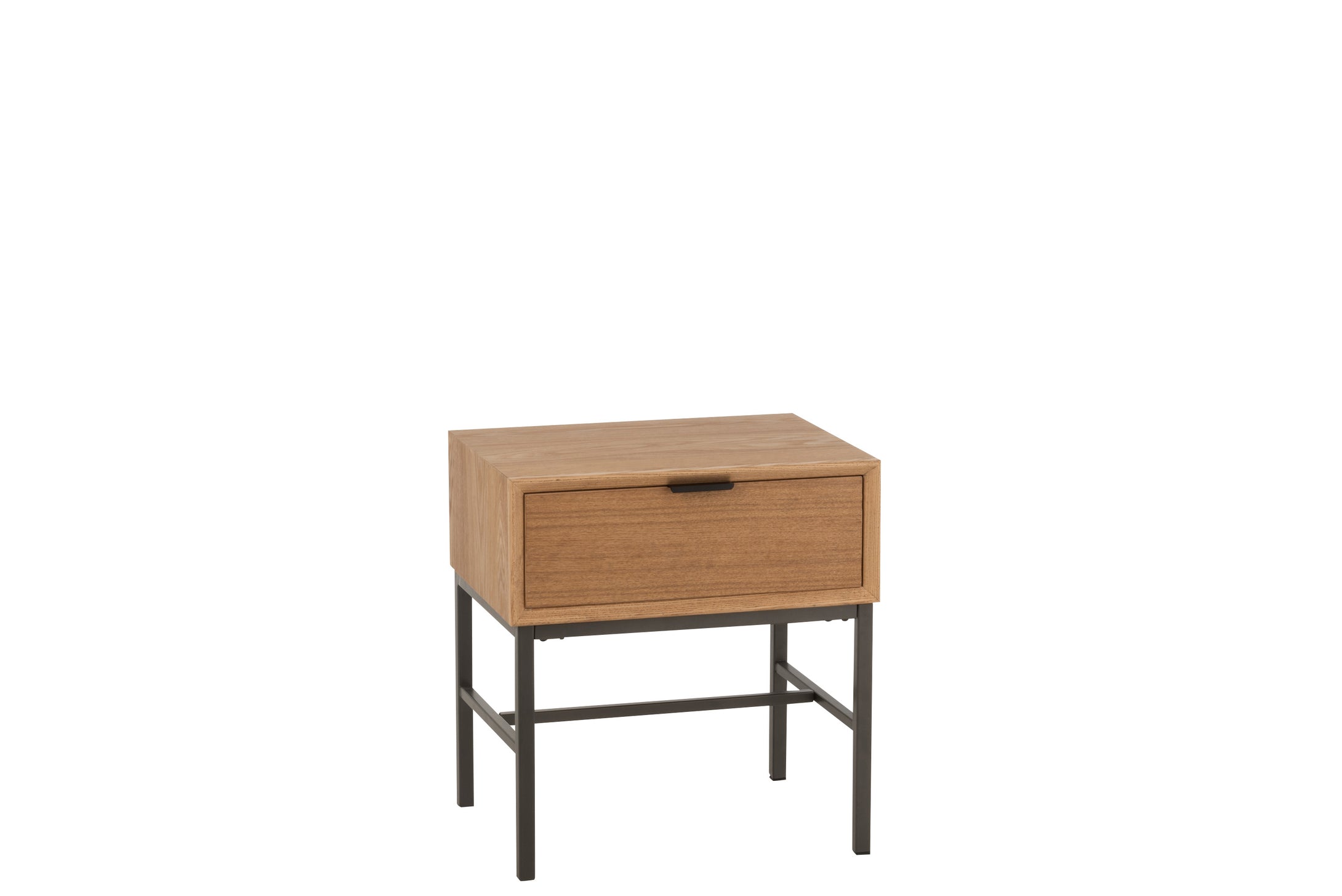 Beistelltisch/Nachttisch; Oberteil aus naturfarbenem Holz mit Schublade auf einem Gestell aus schwarzem Eisen.