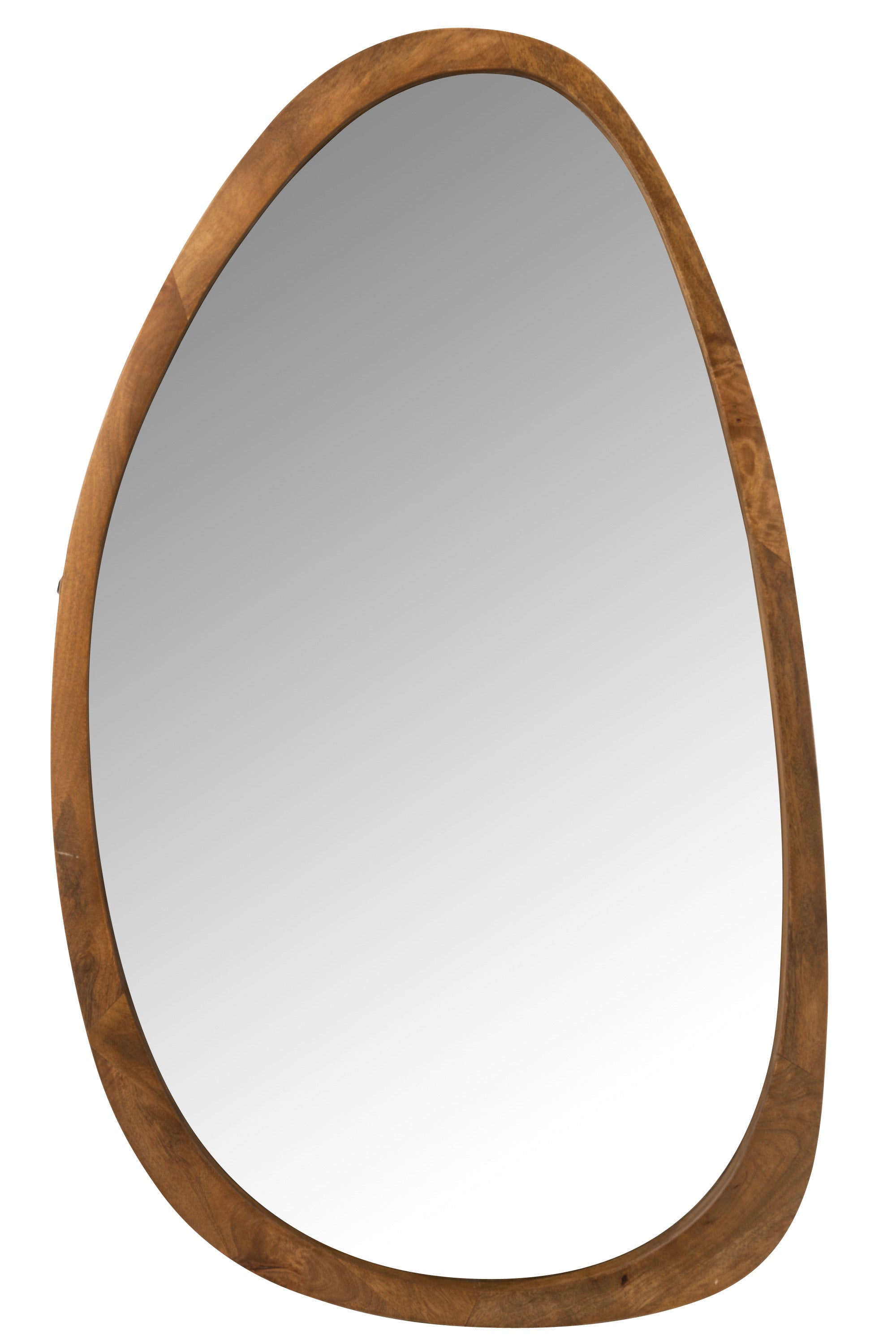 Großer Spiegel unregelmäßig länglich-oval mit einem ebenfalls unregelmäßig oval gestaltetem Rahmen aus Mangoholz.