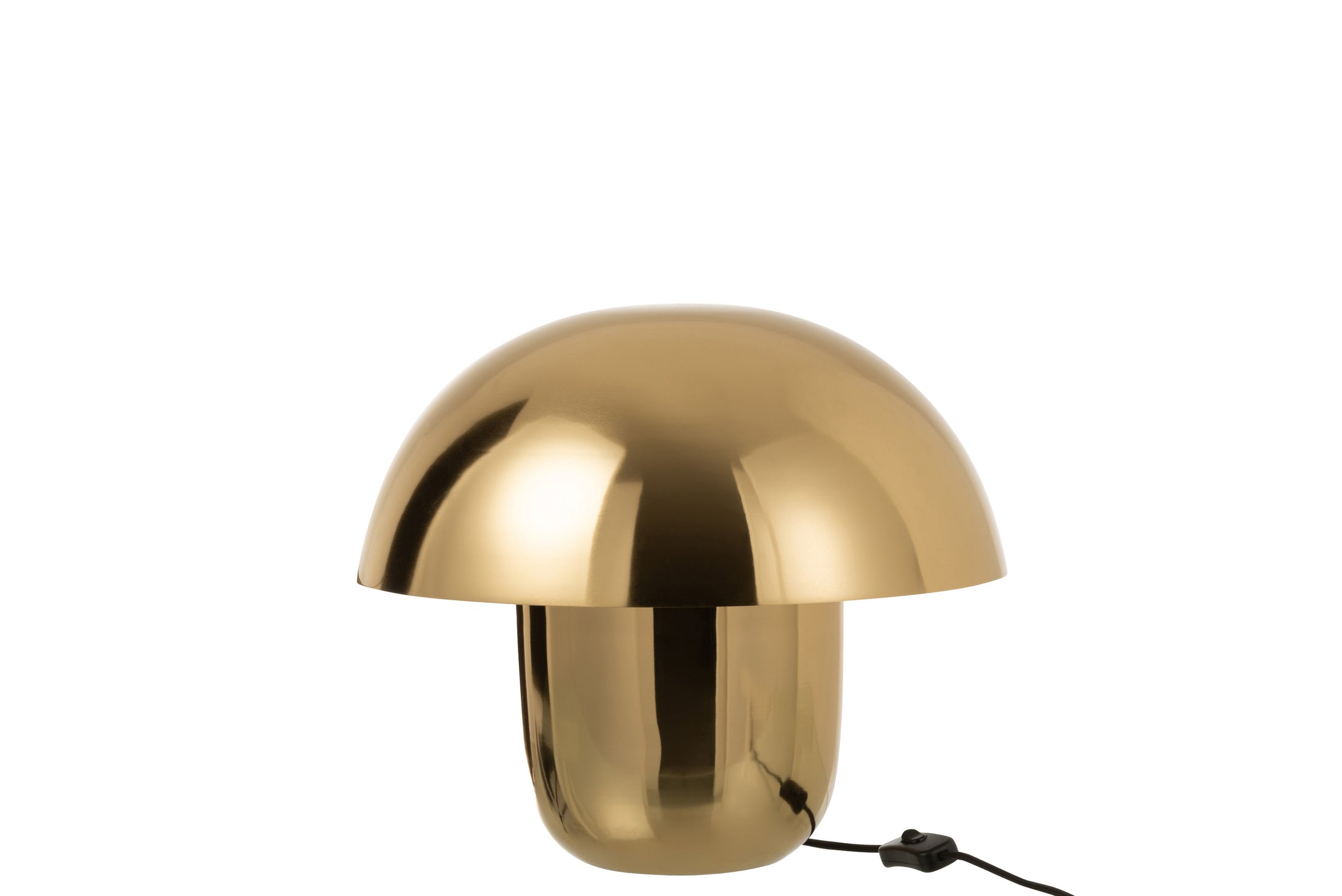 Tischlampe in Form eines Pilzes, aus glänzendem goldfarbenem Metall, vom Design an einen Steinpilz erinnernd. 