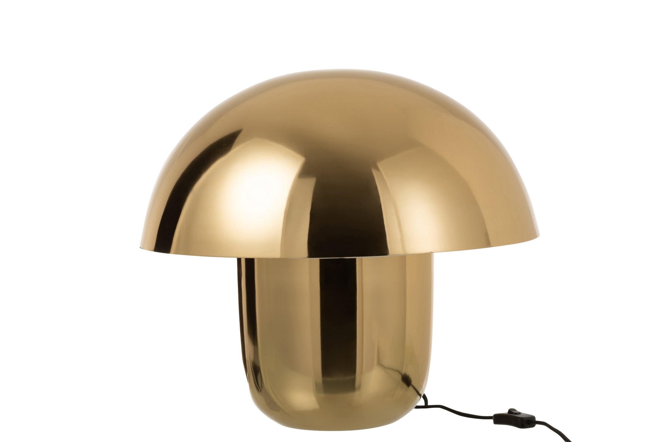 Tischlampe in Form eines Pilzes, aus glänzendem goldfarbenem Metall, vom Design an einen Steinpilz erinnernd.
