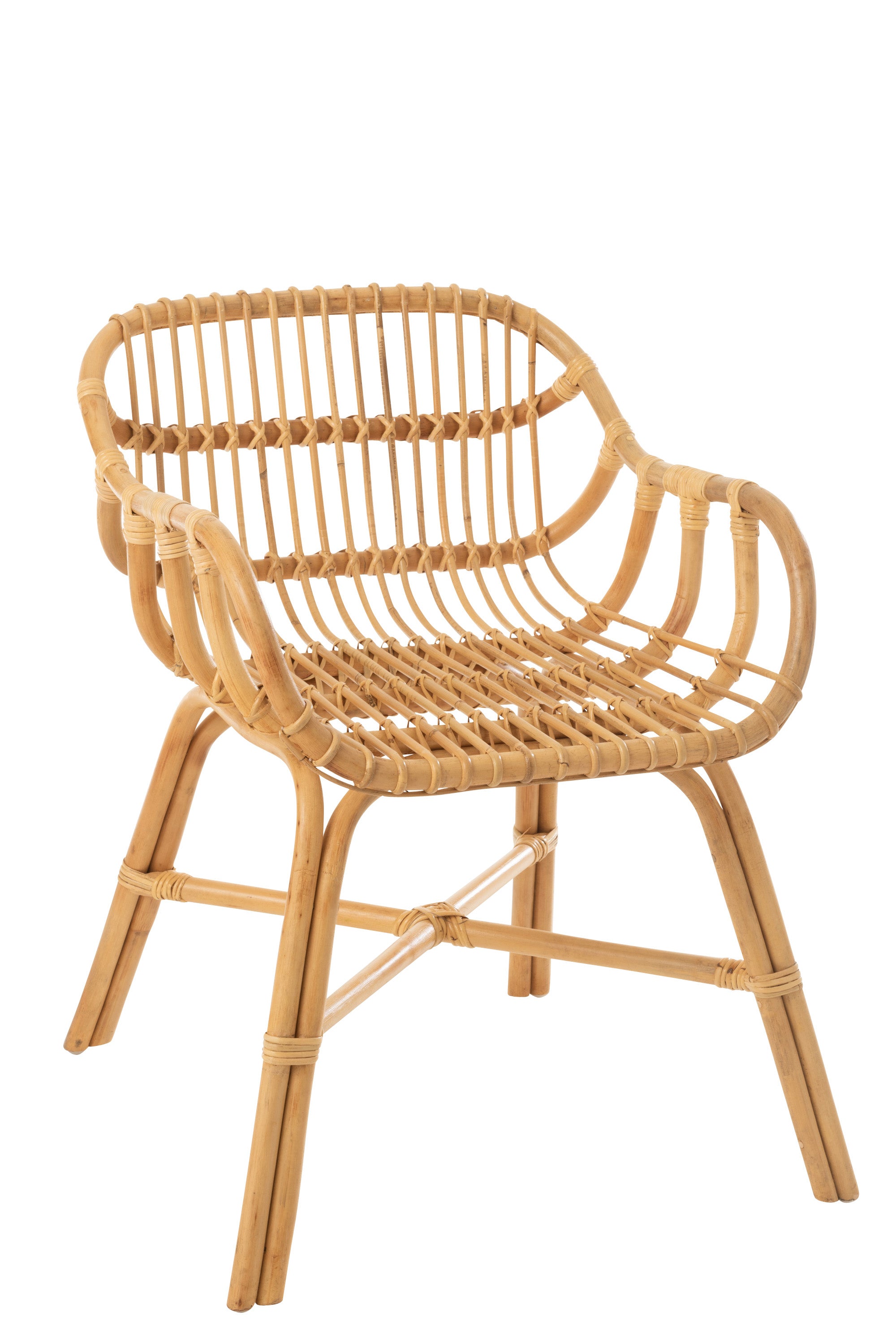 Stuhl aus Rattan; Gestell aus gebogenen Rattanstangen, mit einem Mittelkreuz stabilisiert; darauf eine Sitzschale aus Rattanstangen, abgerundete Armstützen , die in eine halbhohe Lehne übergehen.