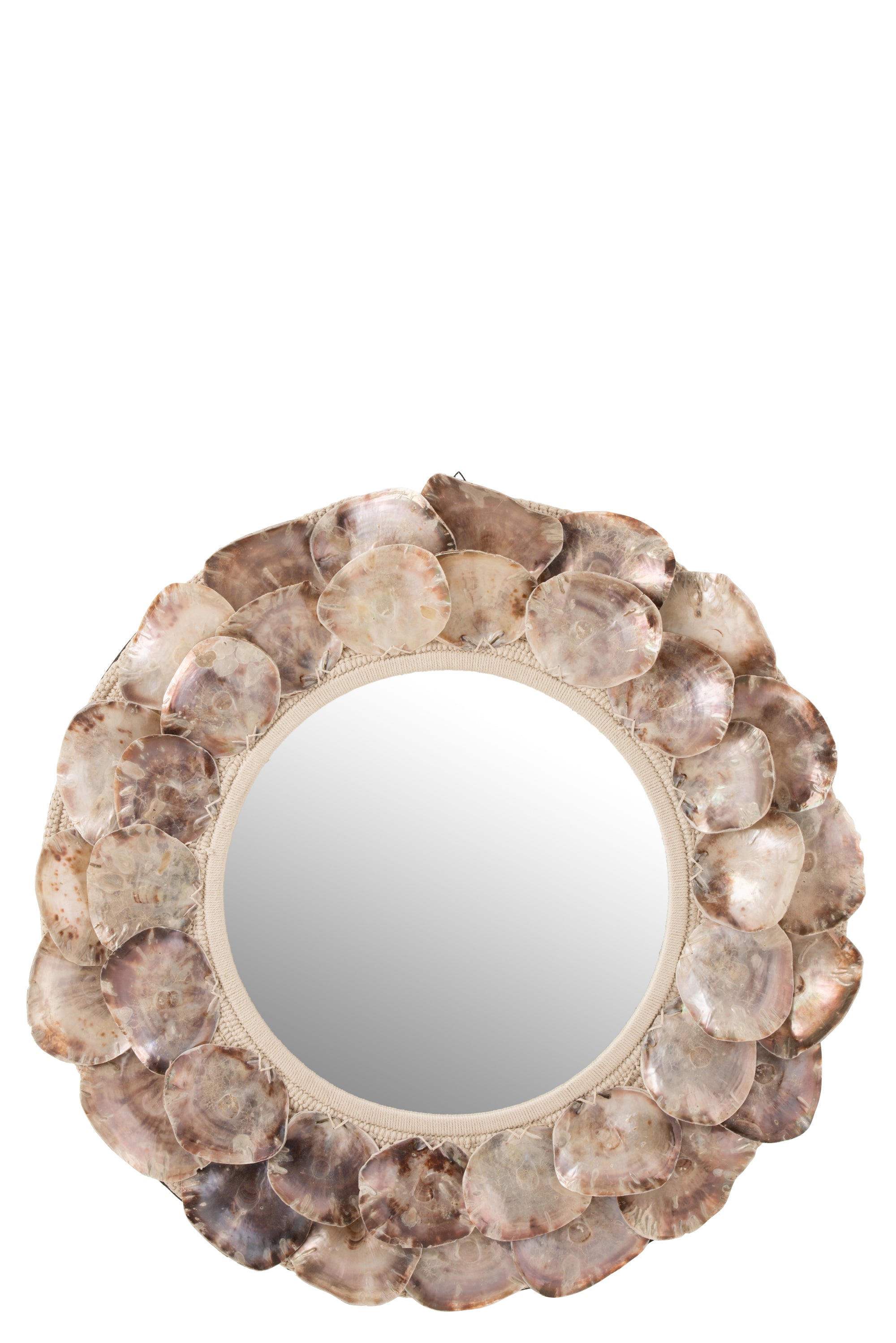 Großer, runder Spiegel, eingefasst von zwei Reihen fast runden, Perlmutt schimmernden Muscheln