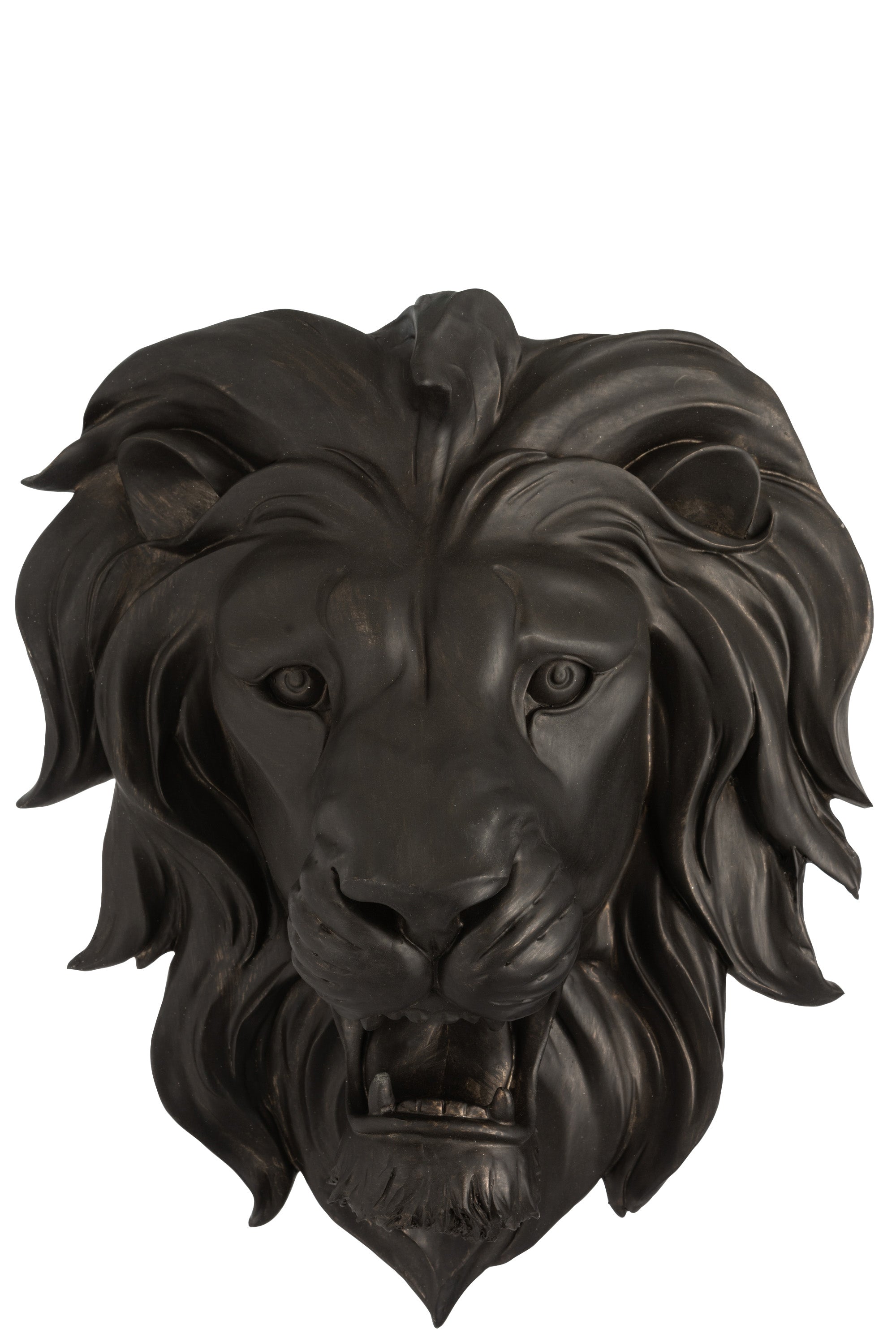 Schwarzer Löwenkopf mit aufgerissenem Maul als Wanddekoration.