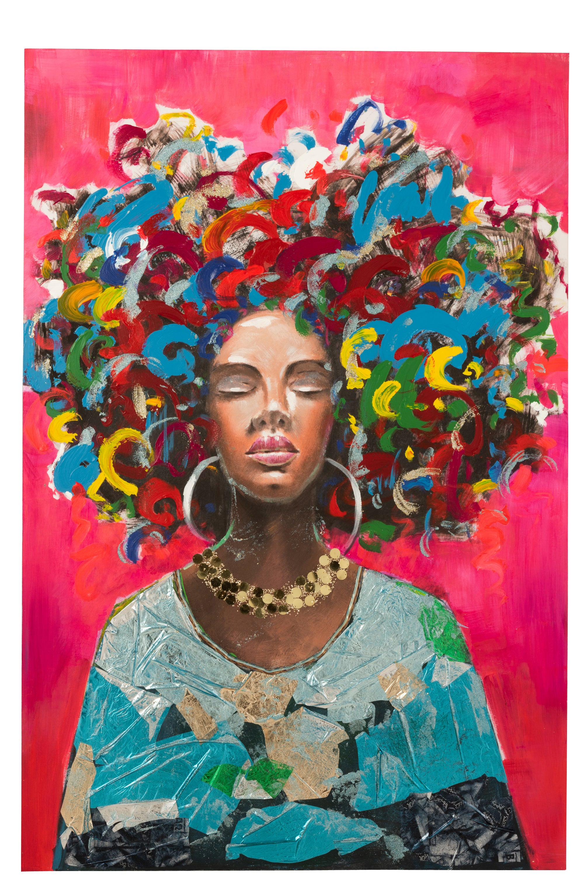 Farbenprächtiges Bild einer afrikanischen Frau im Hochformat, Haare bunt, Hintergrund kräftiges Rot; Leinwand auf Holz.Haare bunt mit goßen Creolen