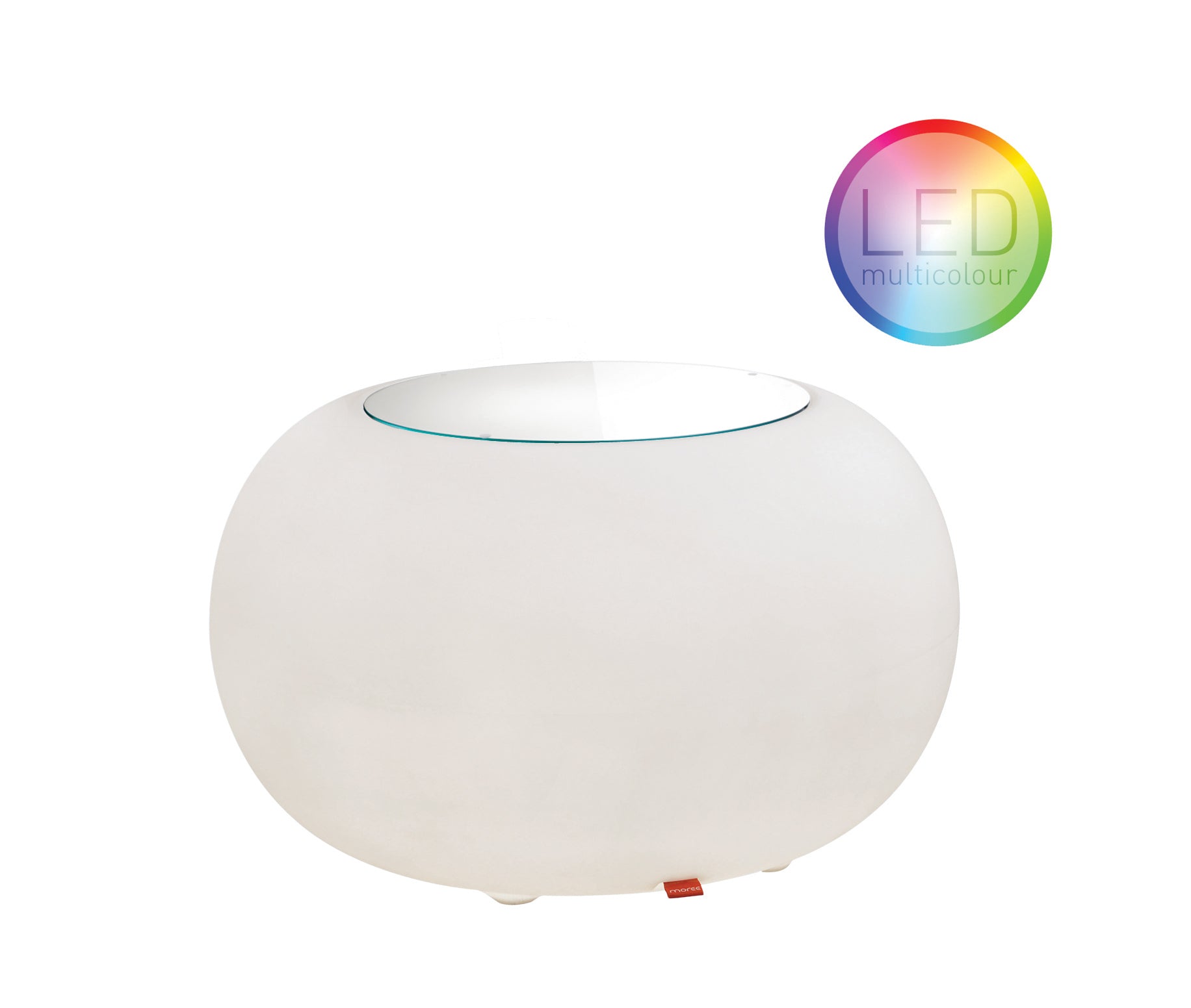 Bubble OUTDOOR LED Accu beleuchteter Tisch von Moree, mit LED-Einheit und Fernbedienung; Gehäuse aus weißem, transluzentem Kunststoff; ballonähnliches Design mit einer runden Auflage aus Glas oder Filz.