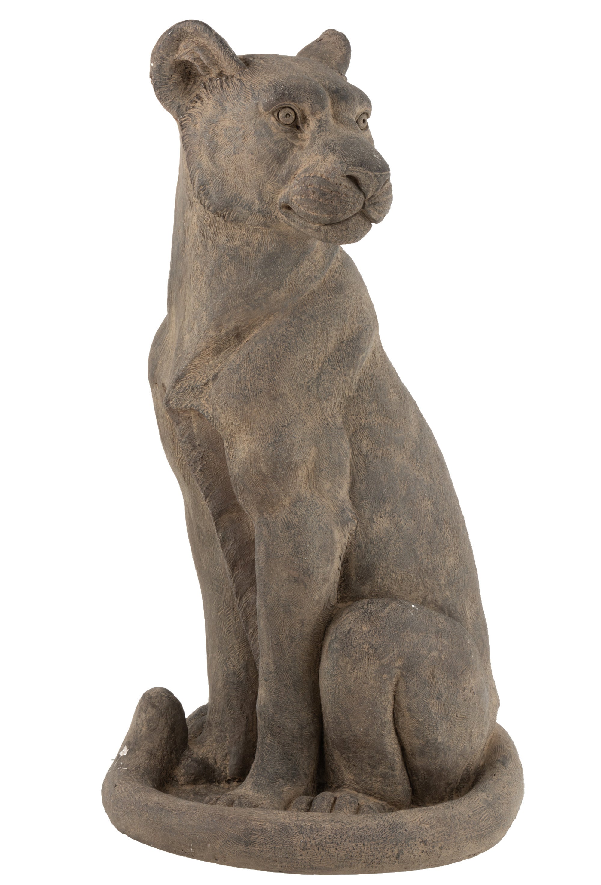 Ein großer, sitzender Panther aus grauem Ton, als Deko Figur, den Schwanz vor dem Körper gelegt.