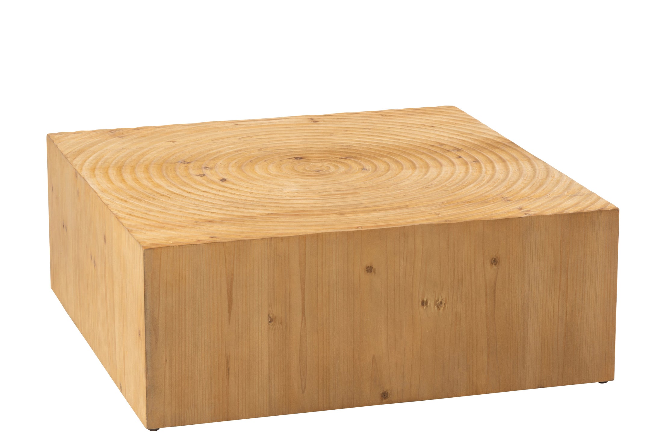Couchtisch aus Fichtenholz natur im Design eines großen  Holzblocks, Höhe 30 cm, Oberfläche quadratisch (80 cm), mit eingefrästen Kreisen.