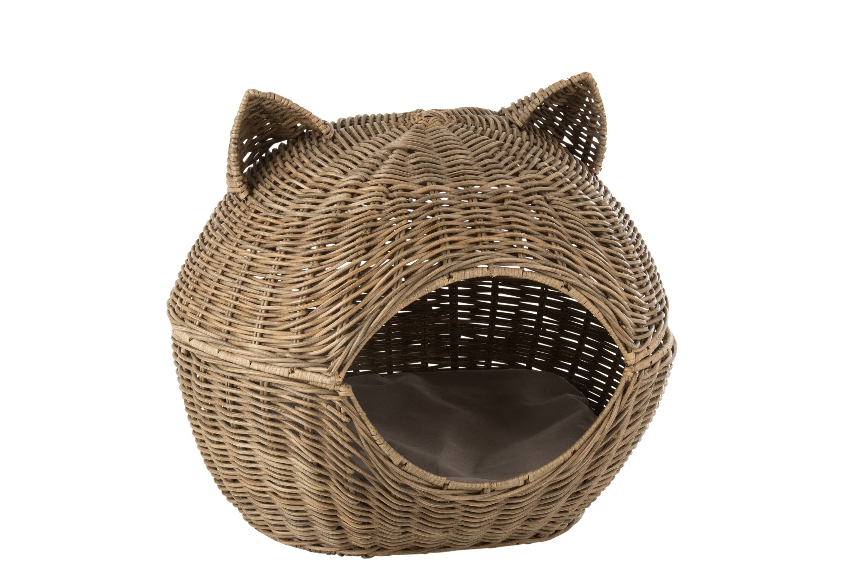 Katzenkorb aus Rattangeflecht; aufklappbare Kugel mit zwei Ohren als stilisierter Katzenkopf mit ovaler Öffnung vorne, innen ein beiges Kissen.f