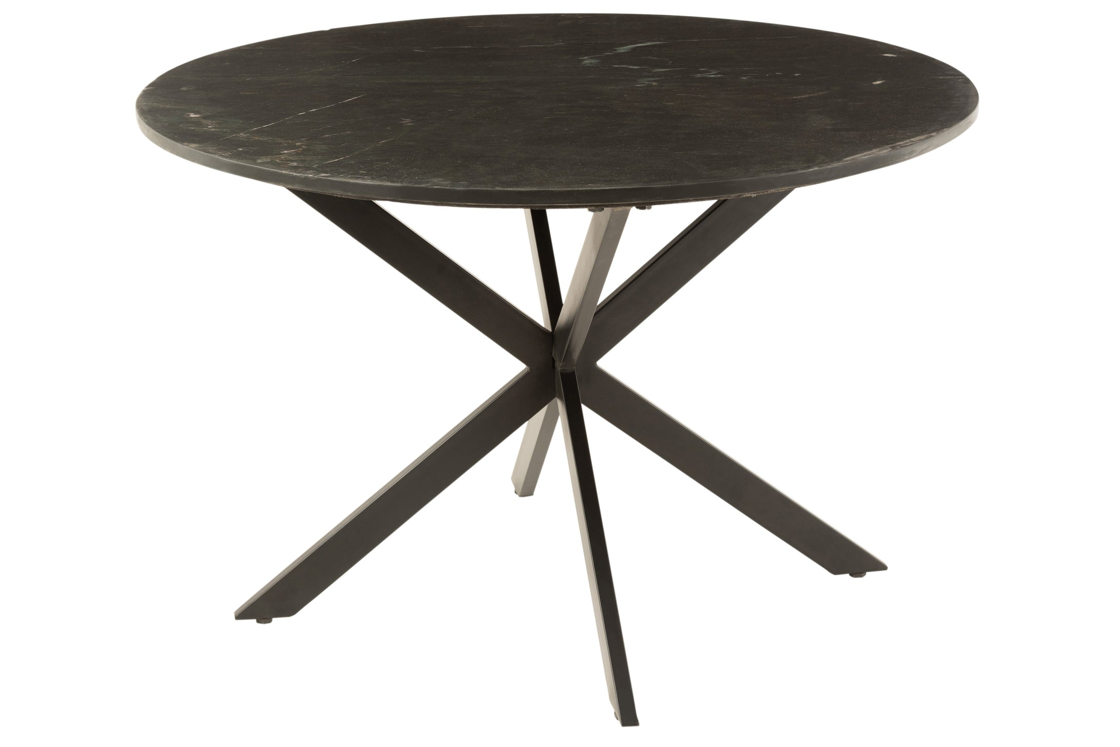 Esstisch mit einer runden, schwarzen Marmorplatte und einem Gestell aus vier gekreuzten, breiten, schwarzen Metallstreben.