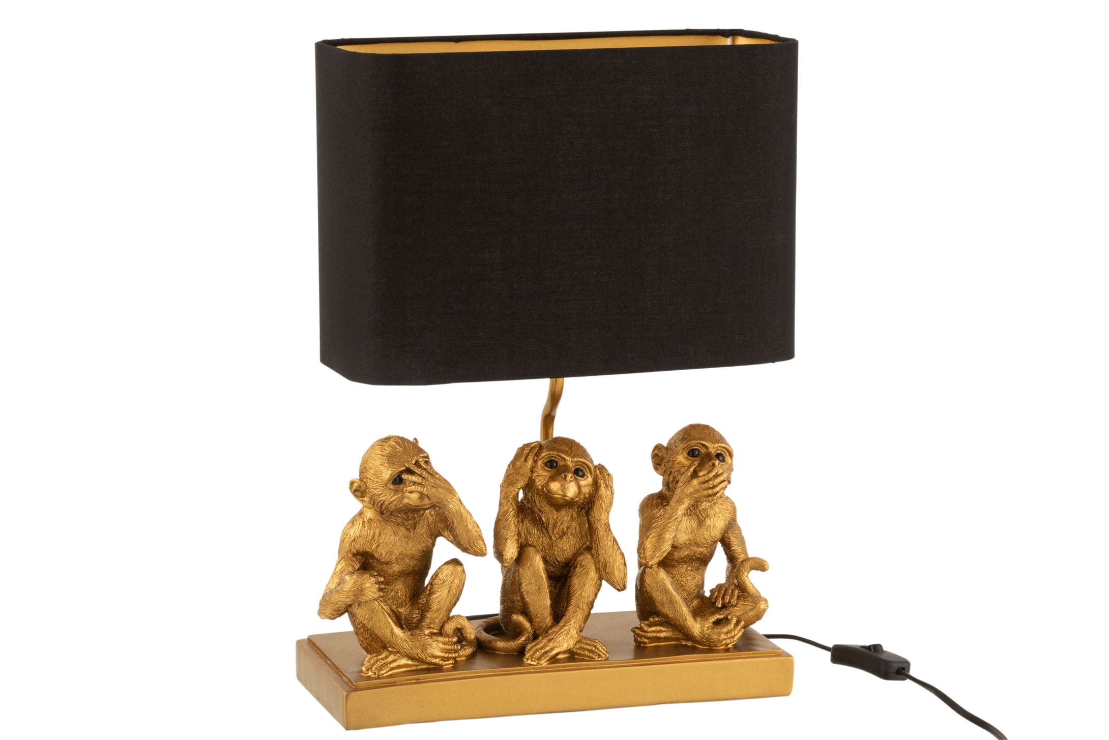 Originelle Tischlampe im Design von drei  goldfarbenen Schimpansen (nicht sehen, nicht hören, nicht reden) auf einem rechteckigen Sockel, die unter einem rechteckigen, schwarzen  Lampenschirm sitzen, der innen golden verkleidet ist.