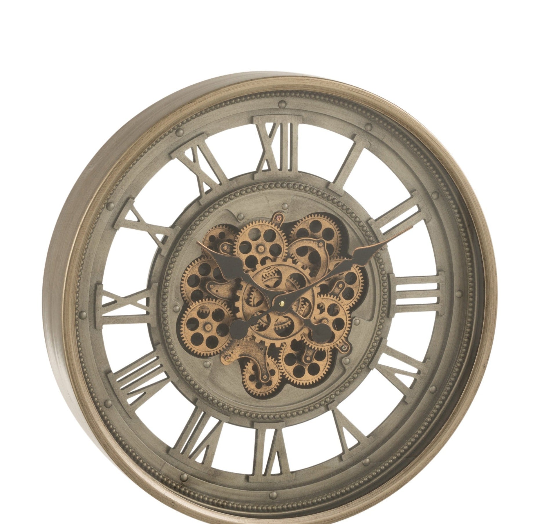 Große runde Wanduhr in grau-gold; runder Metallrahmen mit einer Niete jeweils über den Römischen Ziffern, die hinten offen sind  das Uhrwerk der Mitte ist sichtbar auf einer Metallscheibe zu sehen; auch die Zeiger sind im römischen Stil.
