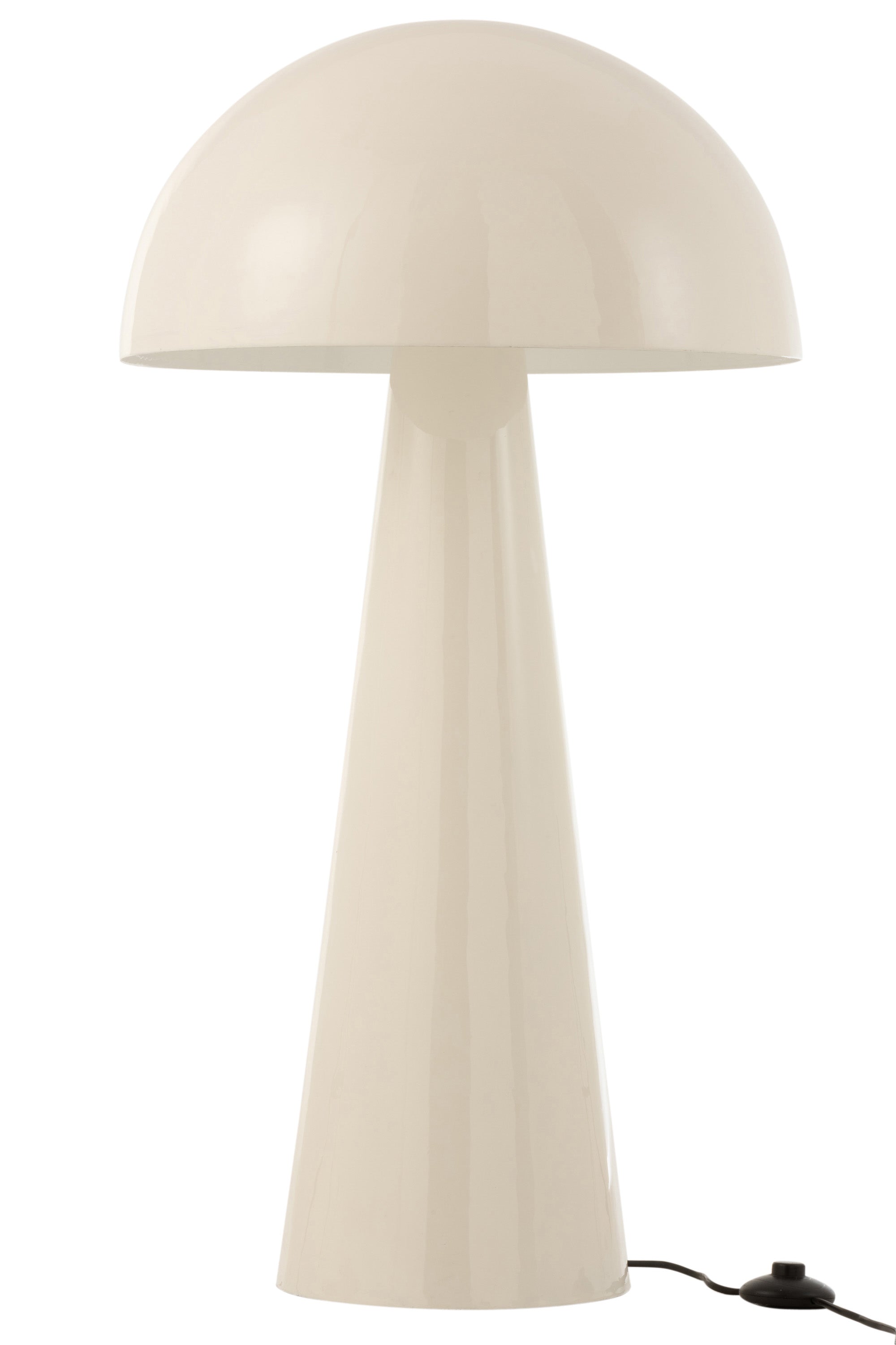 Lampe aus weiß glänzendem Metall (95 cm hoch) im Design eines Pilzes; auf einem konisch zulaufenden Sockel ruht ein pilzartiger Schirm; mit Fußchalter.