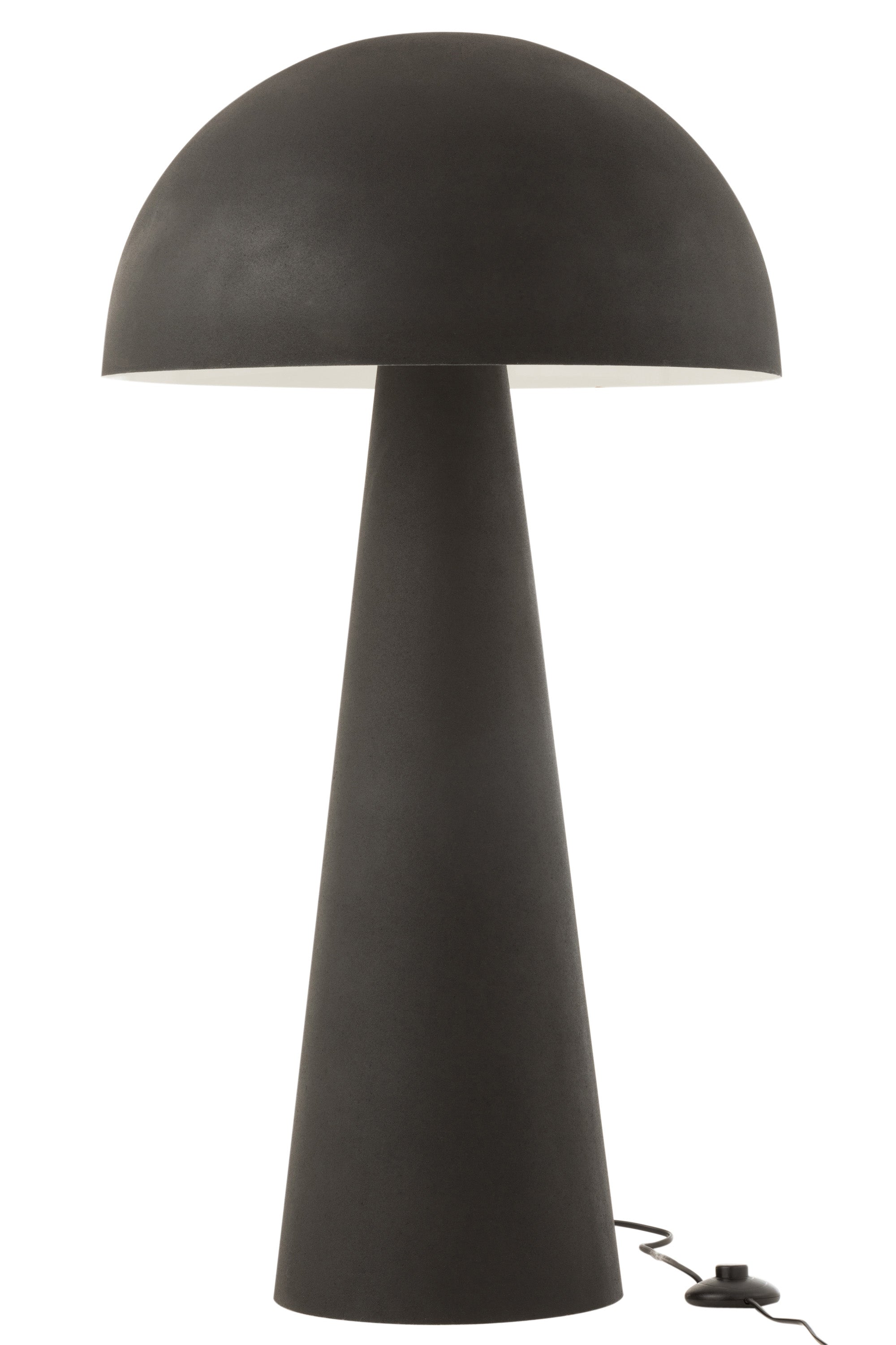 Lampe aus schwarz glänzendem Metall (95 cm hoch) im Design eines Pilzes; auf einem konisch zulaufenden Sockel ruht ein pilzartiger Schirm; mit Fußschalter.