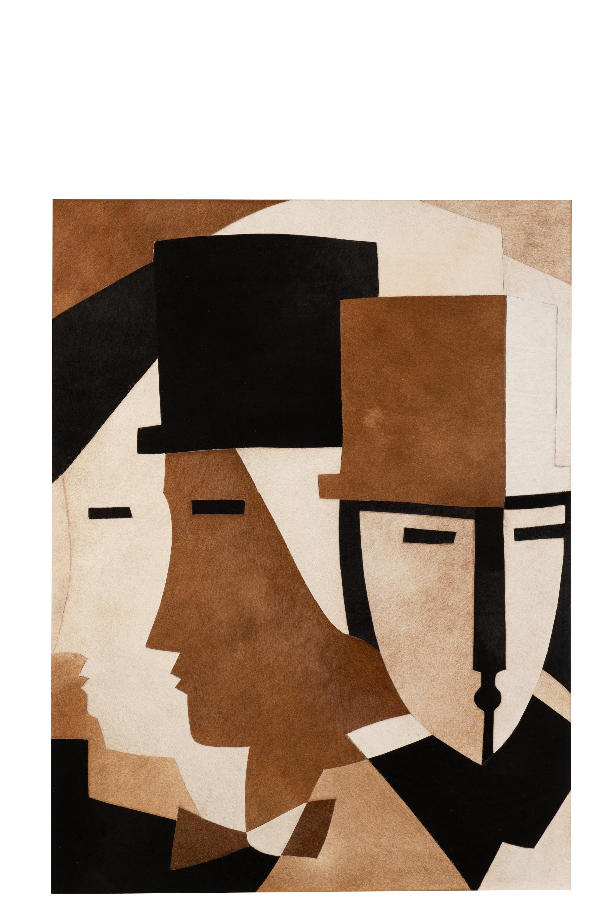 Großes Bild in braun/schwarz gehalten; stilisiert drei Männerköpfe mit Zylinder einer mit Blick nach vorne, zwei schauen nach rechts, Augen nur schwarze Striche.