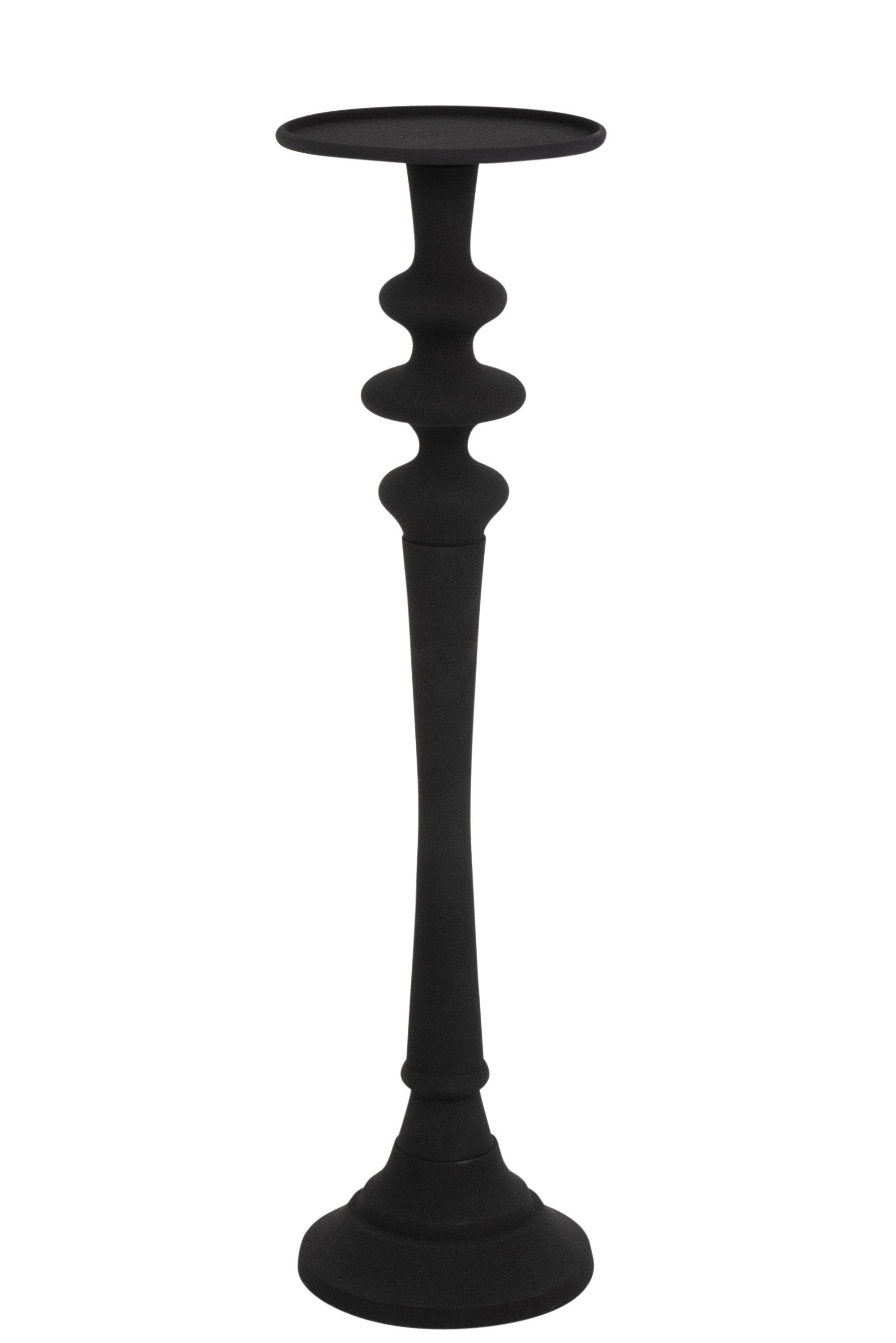 Klassischer,  hoher Kerzenständer aus schwarzem Aluminium, im oberen Bereich  im Design wie gedrechselt.