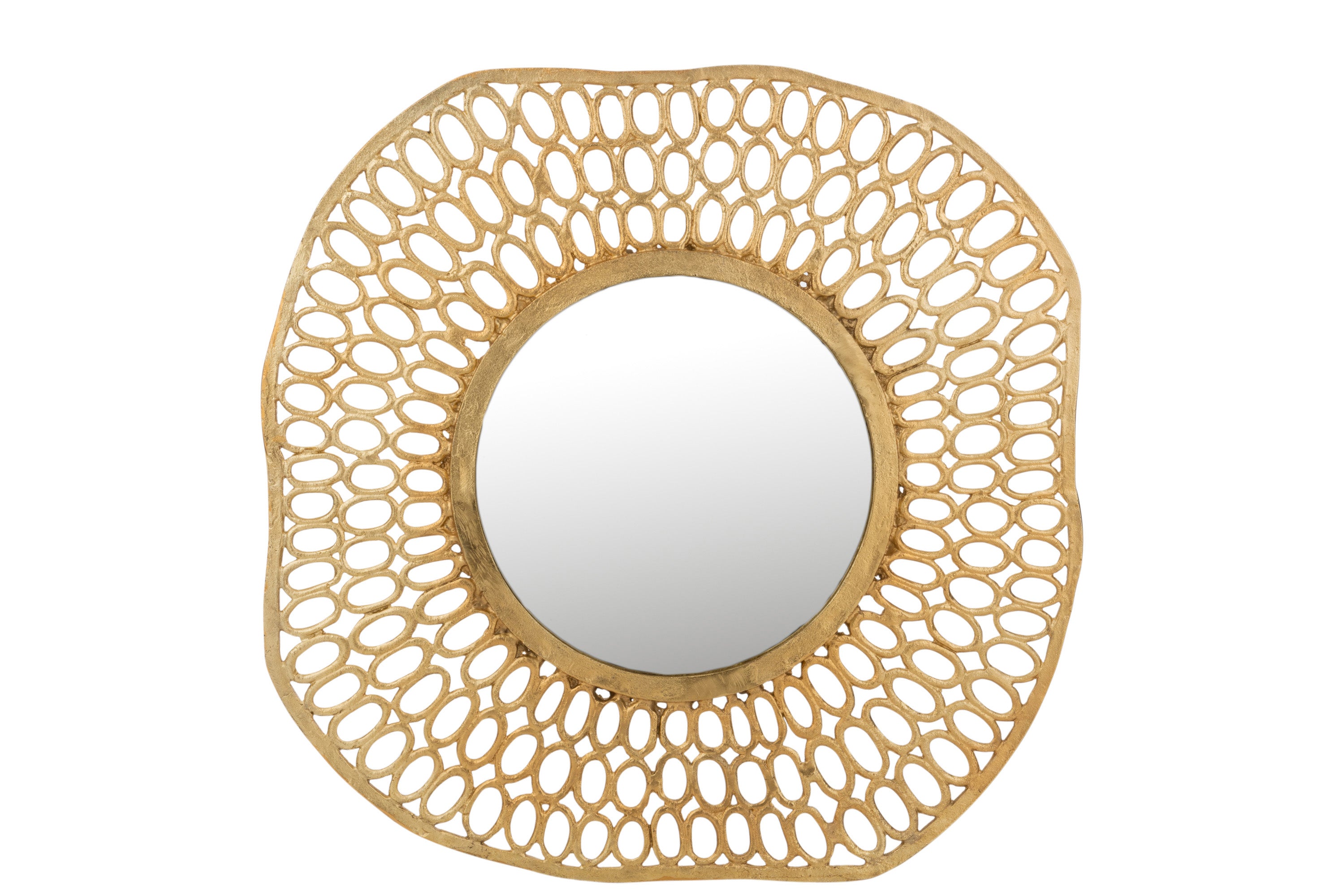 Goldener Spiegel umgeben von einem Metallband, daran  ein Kranz aus vier Reihen leicht unterschiedlich großen, ovalen Ringen, die wiederum mit einem goldenen Metallband eingefasst sind.