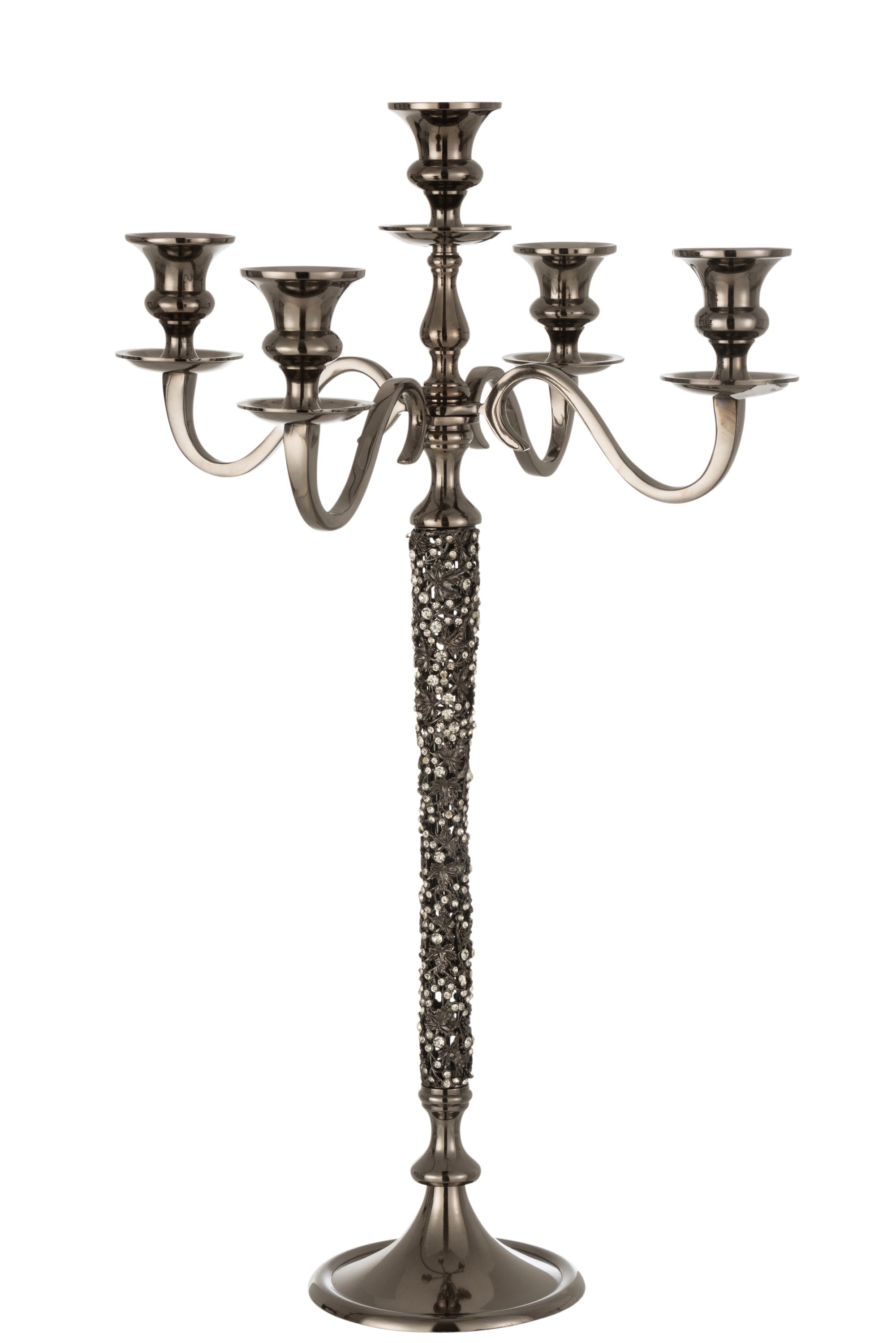 Fünfarmiger klassischer Kerzenleuchter mit geschwungenen Armen und Verzierungen entlang des Mittelteils;  aus silbergrauem Metall.