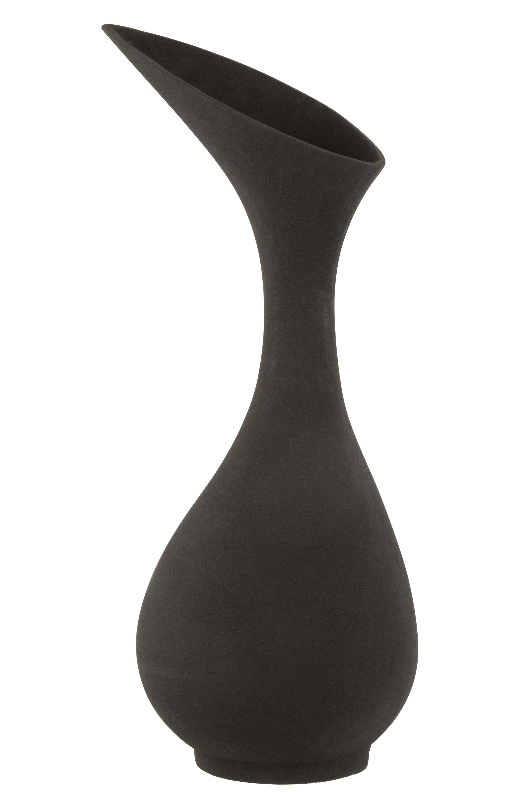 Deko Vase aus matt schwarzem Aluminium in leicht bauchiger Form, mit schmalem Hals, der sich an der Öffnung schräg oval nach oben zieht.