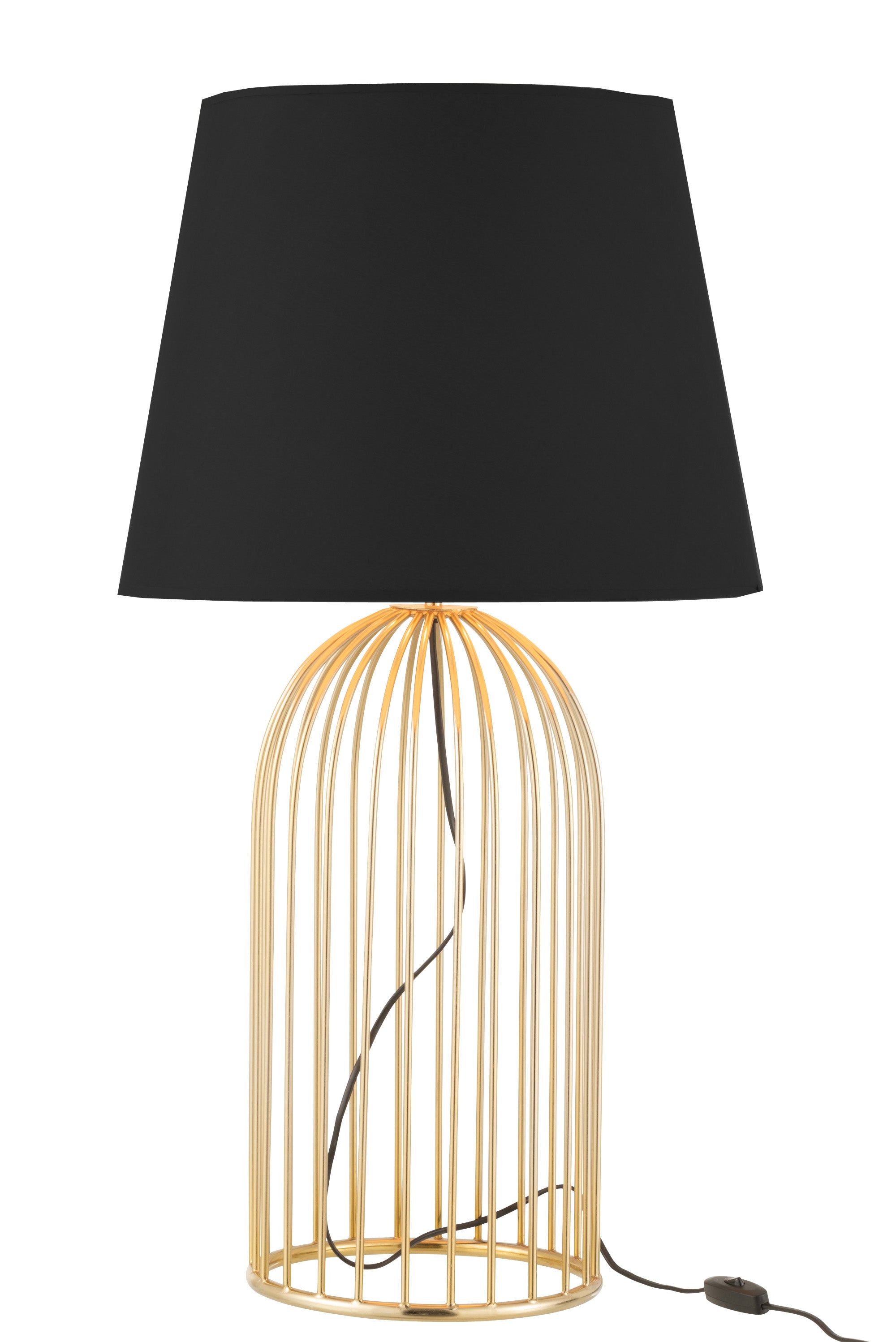 Tischlampe mit einem kuppelförmigen Sockel aus goldenen Metallstreben, darüber ein runder, schwarzer Lampenschirm..