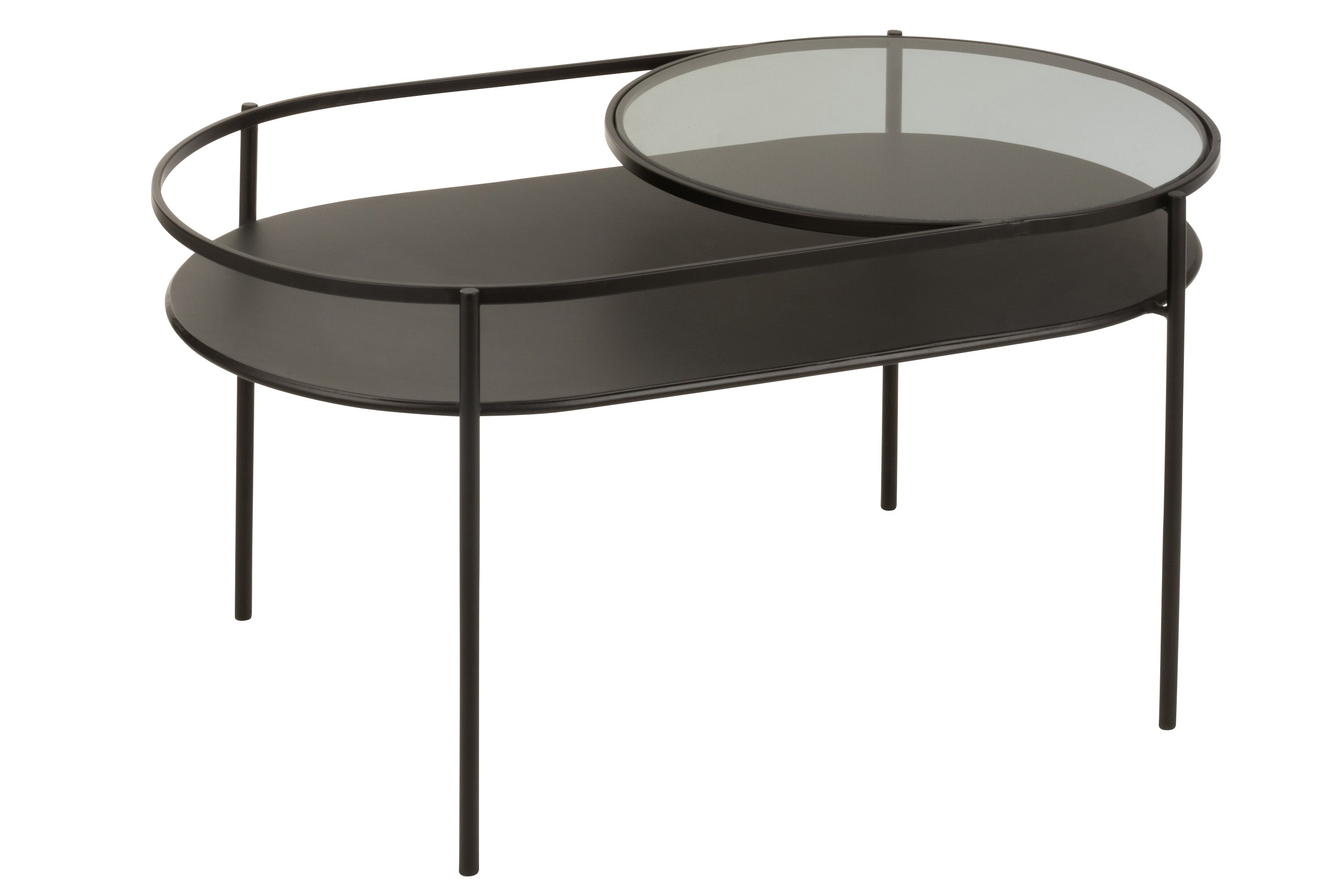Ovaler Couchtisch aus schwarzem Metall mit umlaufender Reling, auf der an einer Seite eine runde Glasplatte als zusätzliche Ablagefläche angebracht ist.
