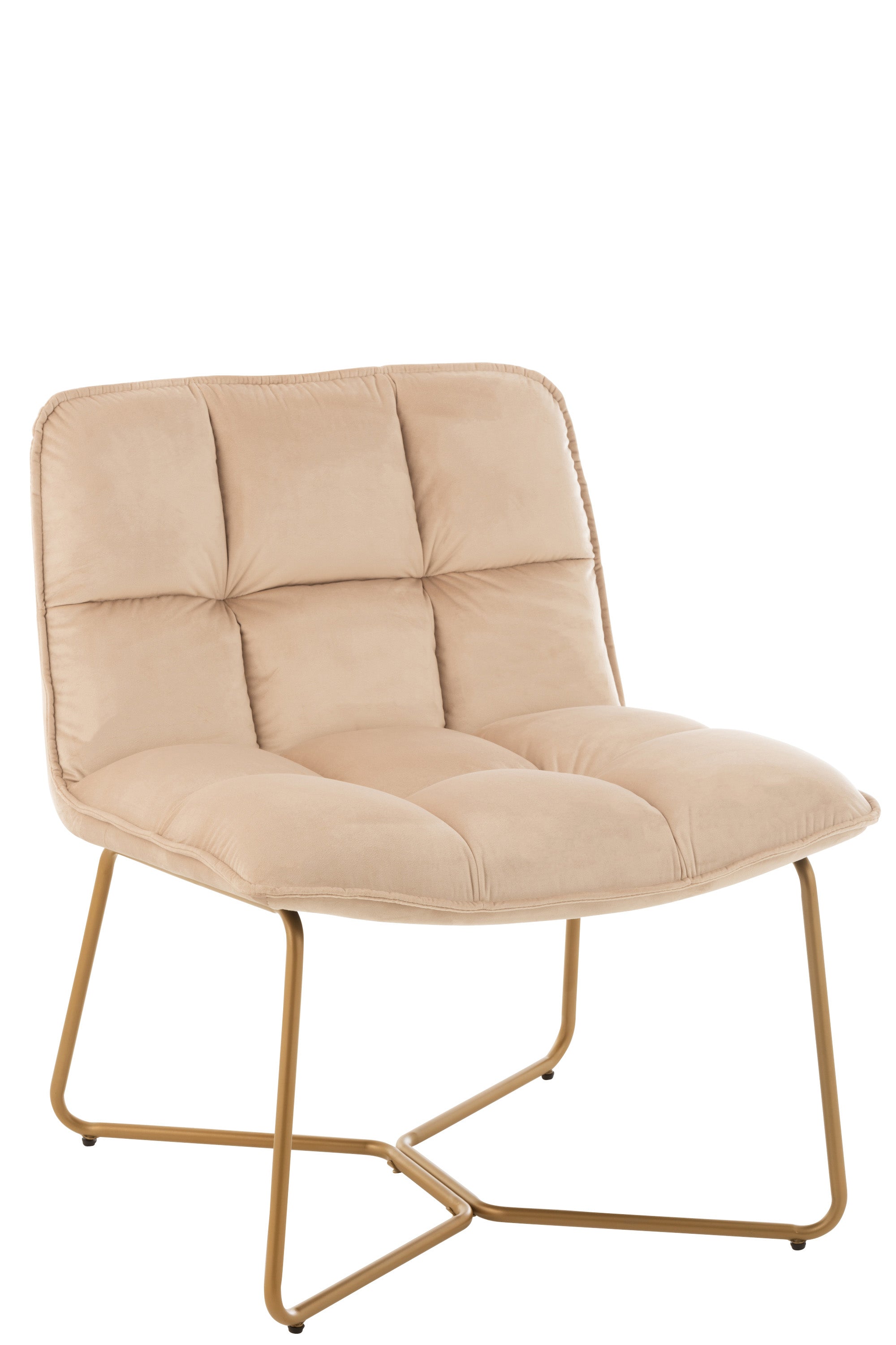 Lounge Stuhl, dick gepolstert, bezogen mit beiger Mikrofaser in Vierecken gesteppt; lehne halbhoch; vier Beine aus goldfarbenem Metall, kufenartig nach innen gearbeitet.