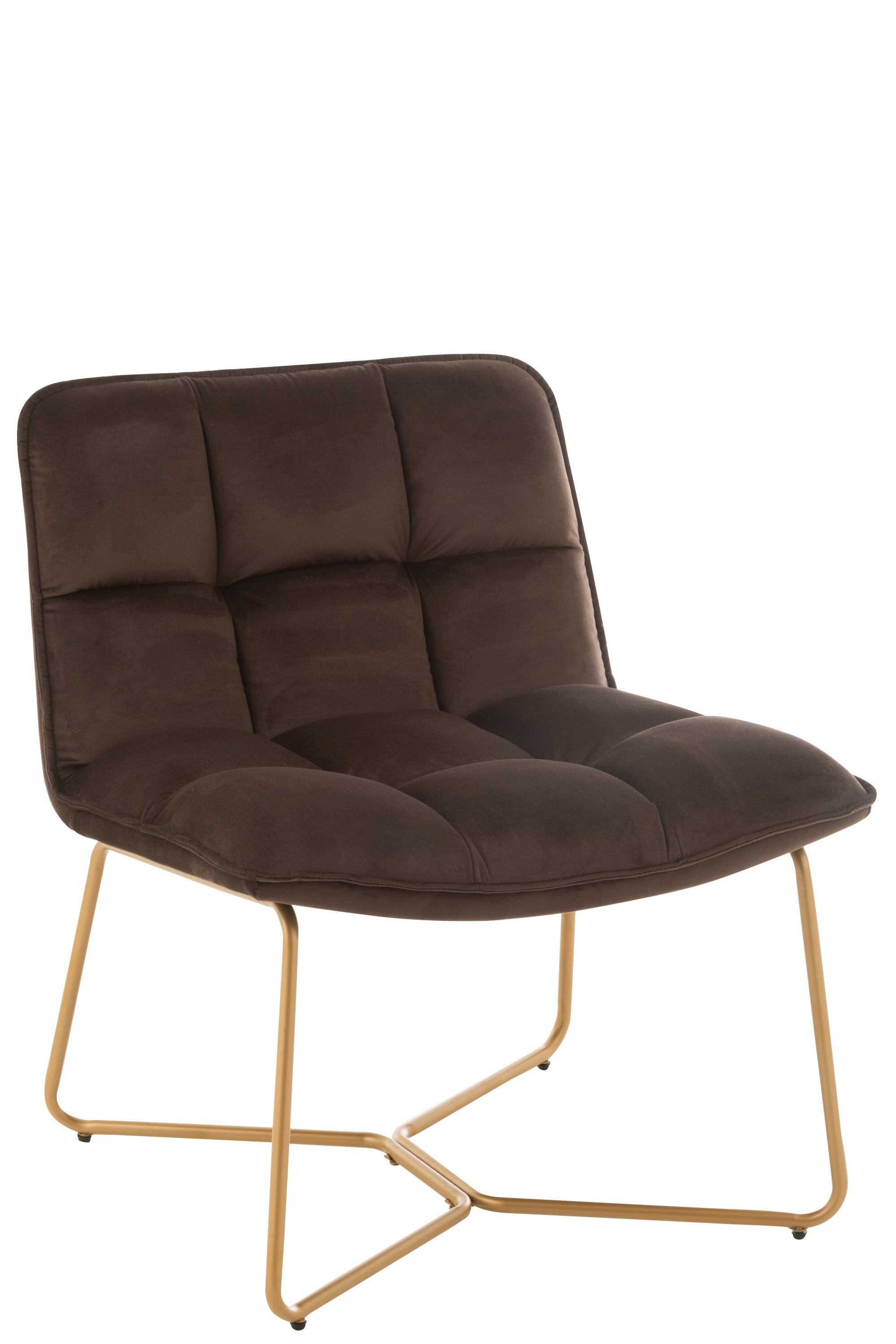 Lounge Stuhl, dick gepolstert, bezogen mit dunkelbrauner Mikrofaser in Vierecken gesteppt; lehne halbhoch; vier Beine aus goldfarbenem Metall, kufenartig nach innen gearbeitet.
