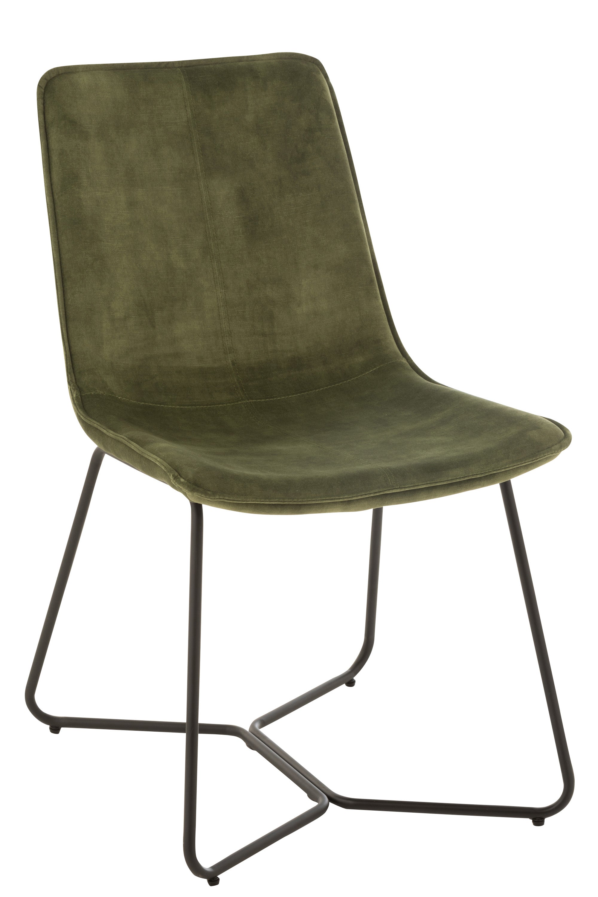 Stuhl mit schwarzem, kufenartigen Metallgestell, darauf eine gepolsterte Sitzschale, bezogen mit grüner Mikrofaser, Sitzschale in der Formgebung rechteckig, Lehne leicht nach hinten geneigt, Sitzfläche leicht vertieft.