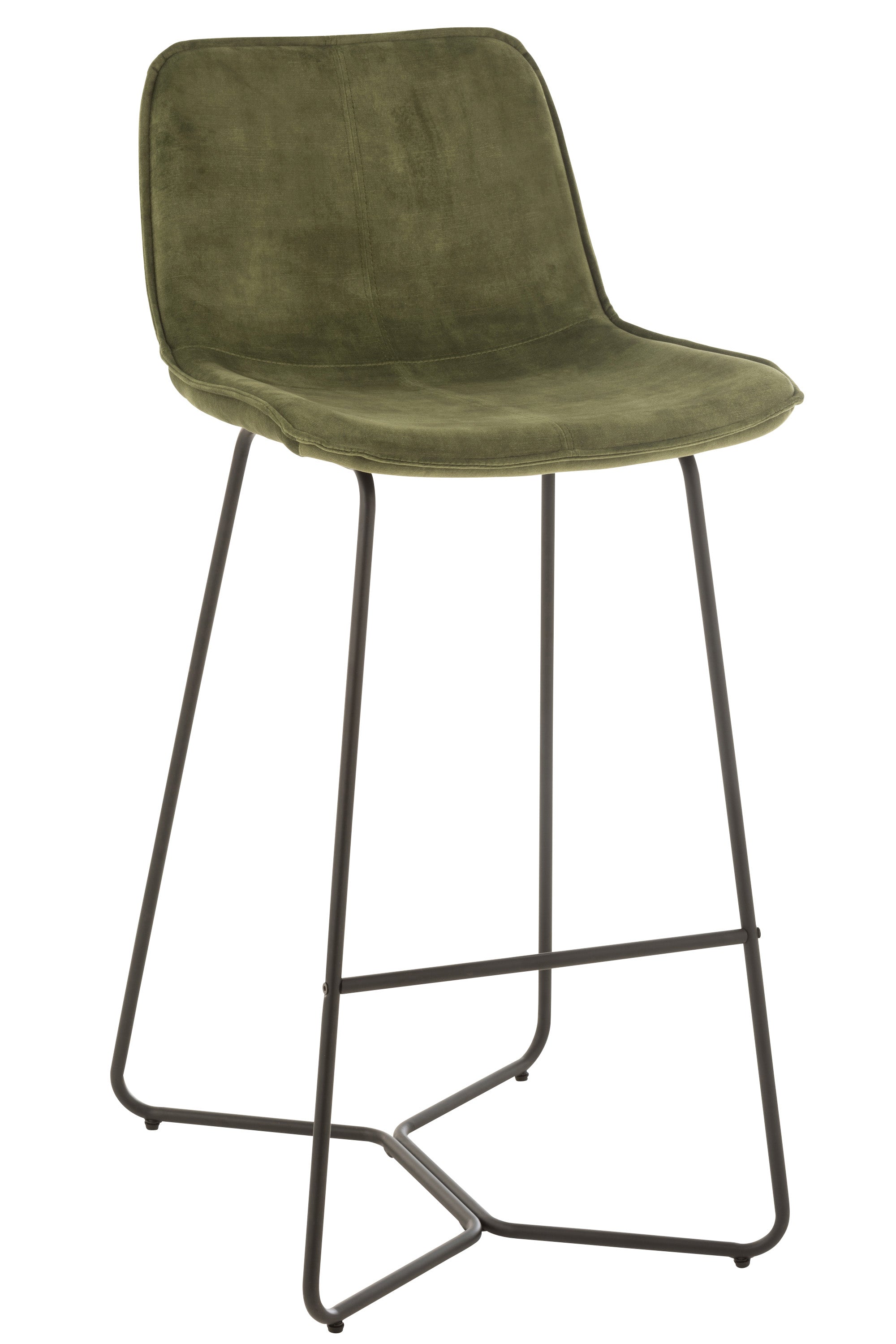 Barhocker in modernem Design, Sitzschale mit halbhohem Lehne, gepolstert, bezogen mit erbsengrüner Mikrofaser auf einem kufenartigen Gestell aus schwarzem Eisen.