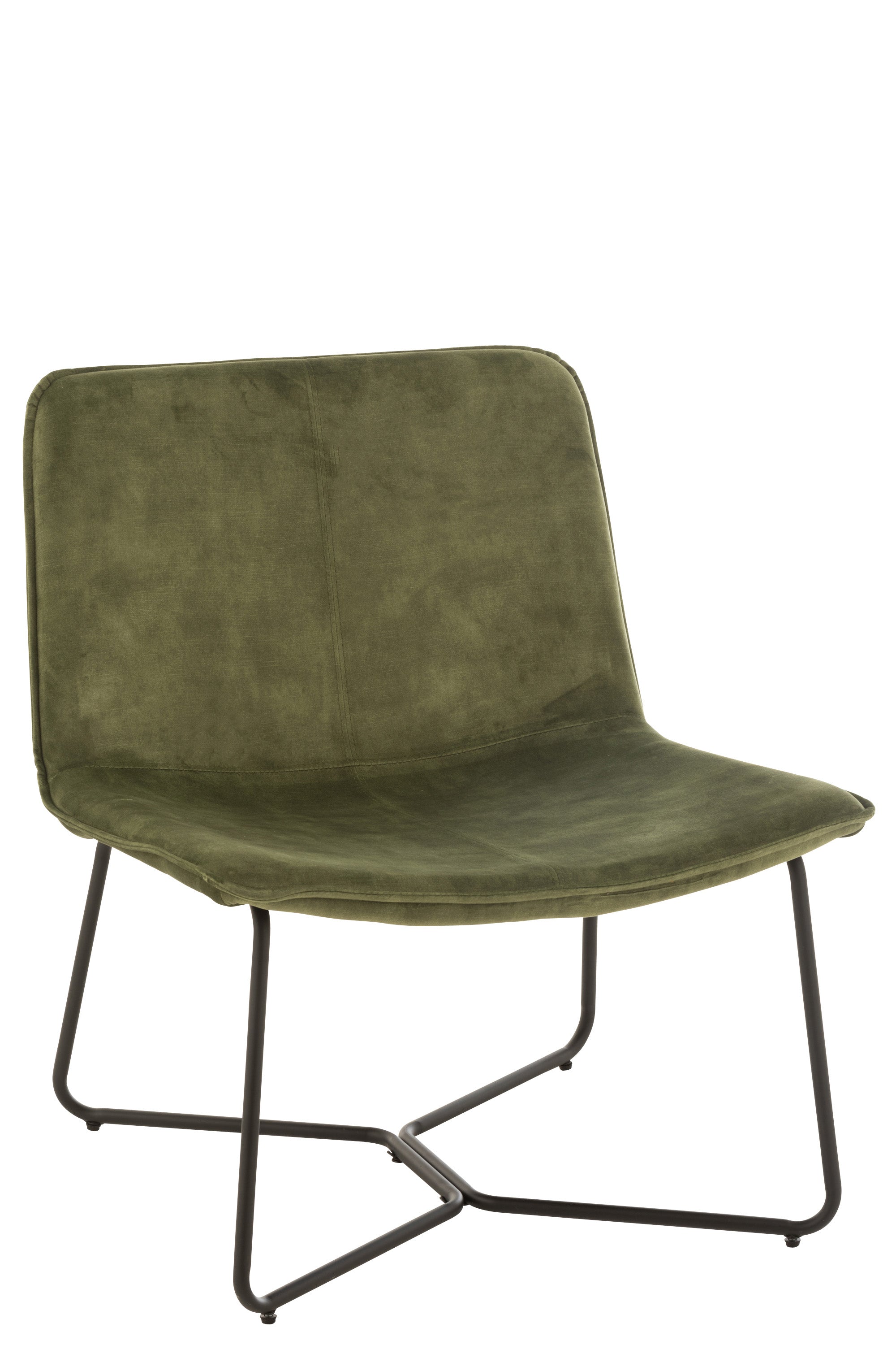 Breiter, gepolsteter Loungestuhl mit leichter Sitzvertiefung, bezogen mit grüner Mikrofaser, Lehne halbhoch, auf einem Gestell aus kufenartig gefertigtem grünem Metall. 
