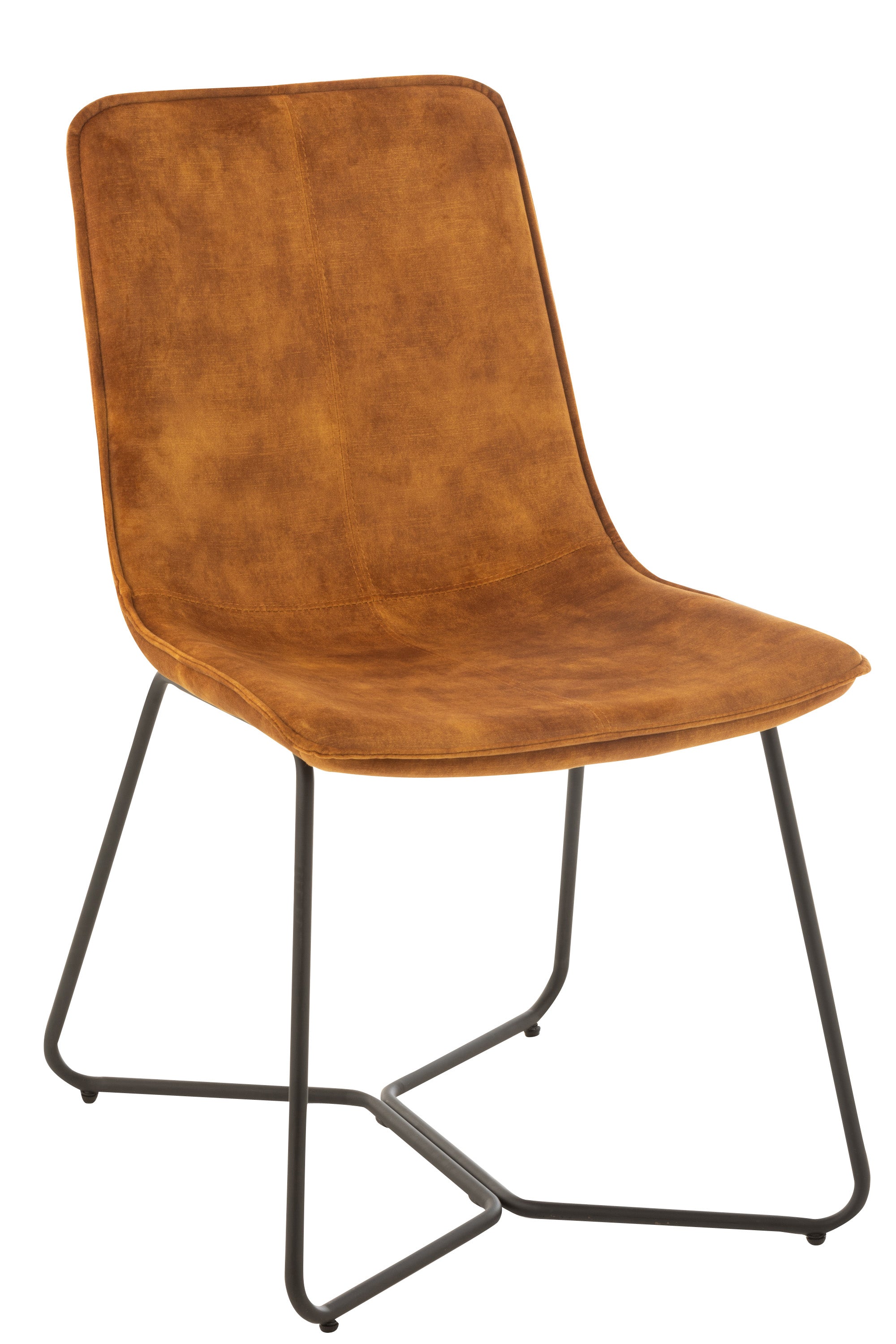 Stuhl mit schwarzem, kufenartigen Metallgestell, darauf eine gepolsterte Sitzschale, bezogen mit ockerfarbener Mikrofaser, Sitzschale in der Formgebung rechteckig, Lehne leicht nach hinten geneigt, Sitzfläche leicht vertieft.