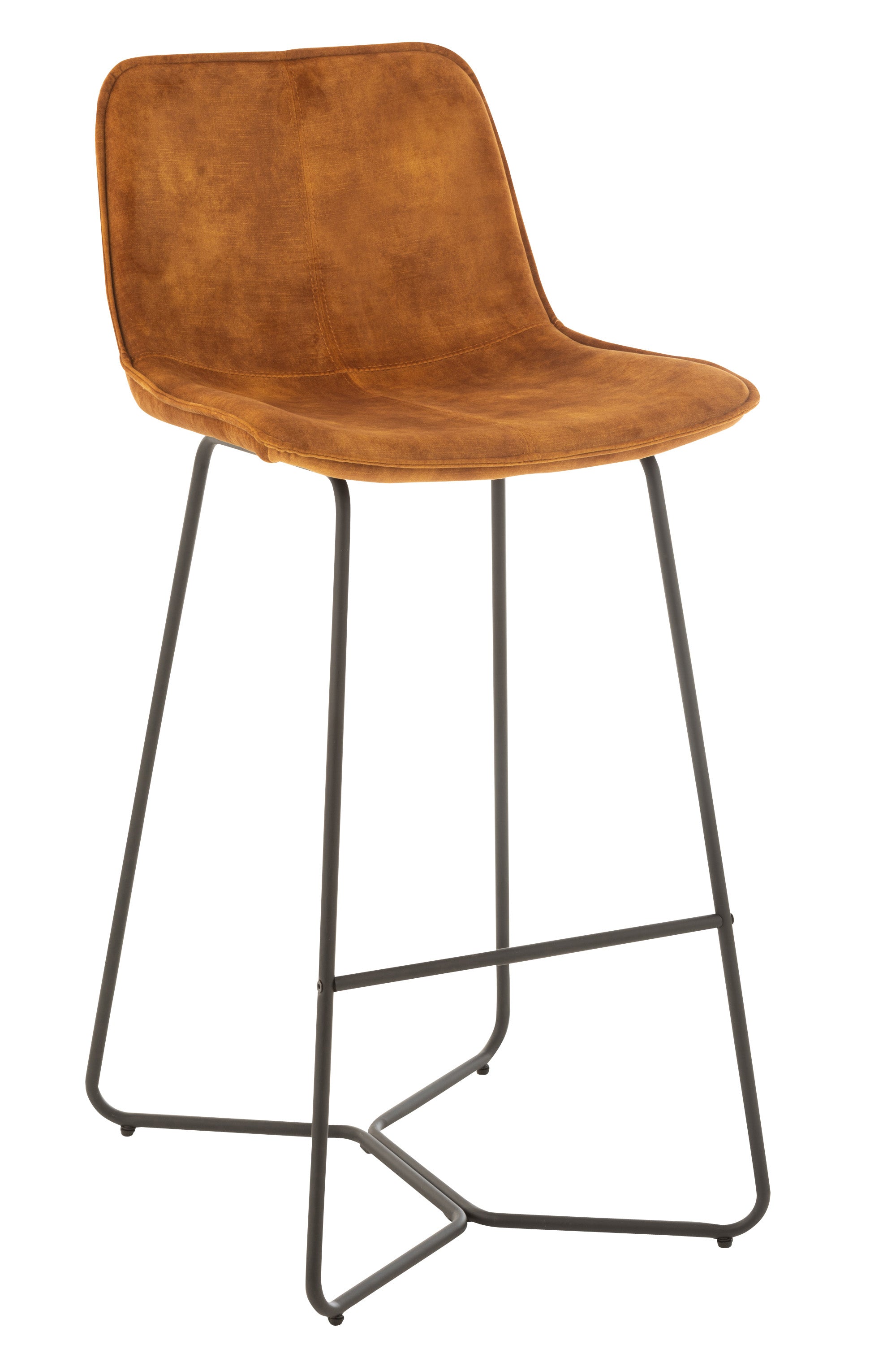 Barhocker in modernem Design, Sitzschale mit halbhohem Lehne, gepolstert, bezogen mit ockerfarbener Mikrofaser auf einem kufenartigen Gestell aus schwarzem Eisen.