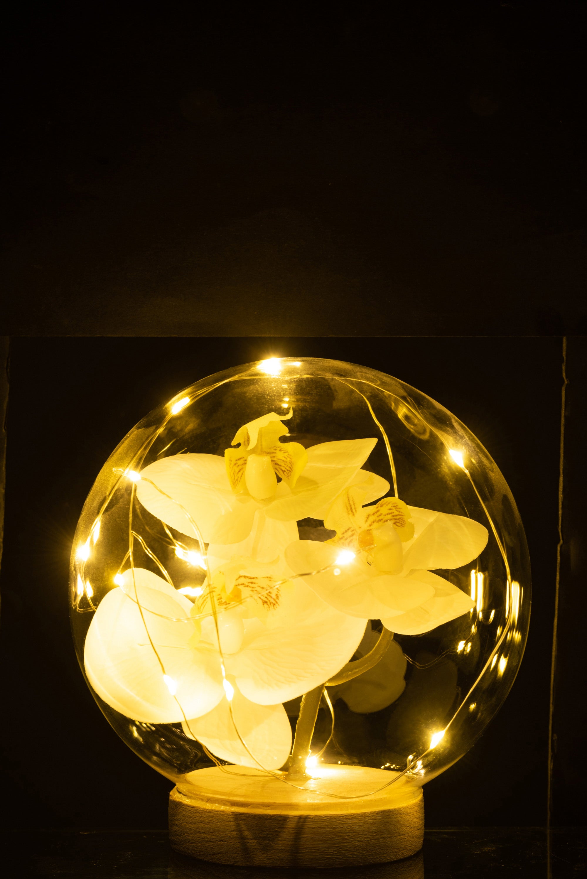 GLOCKE KUGEL LED BLUMEN GLAS/HOLZ WEISS/NATUR LARGE