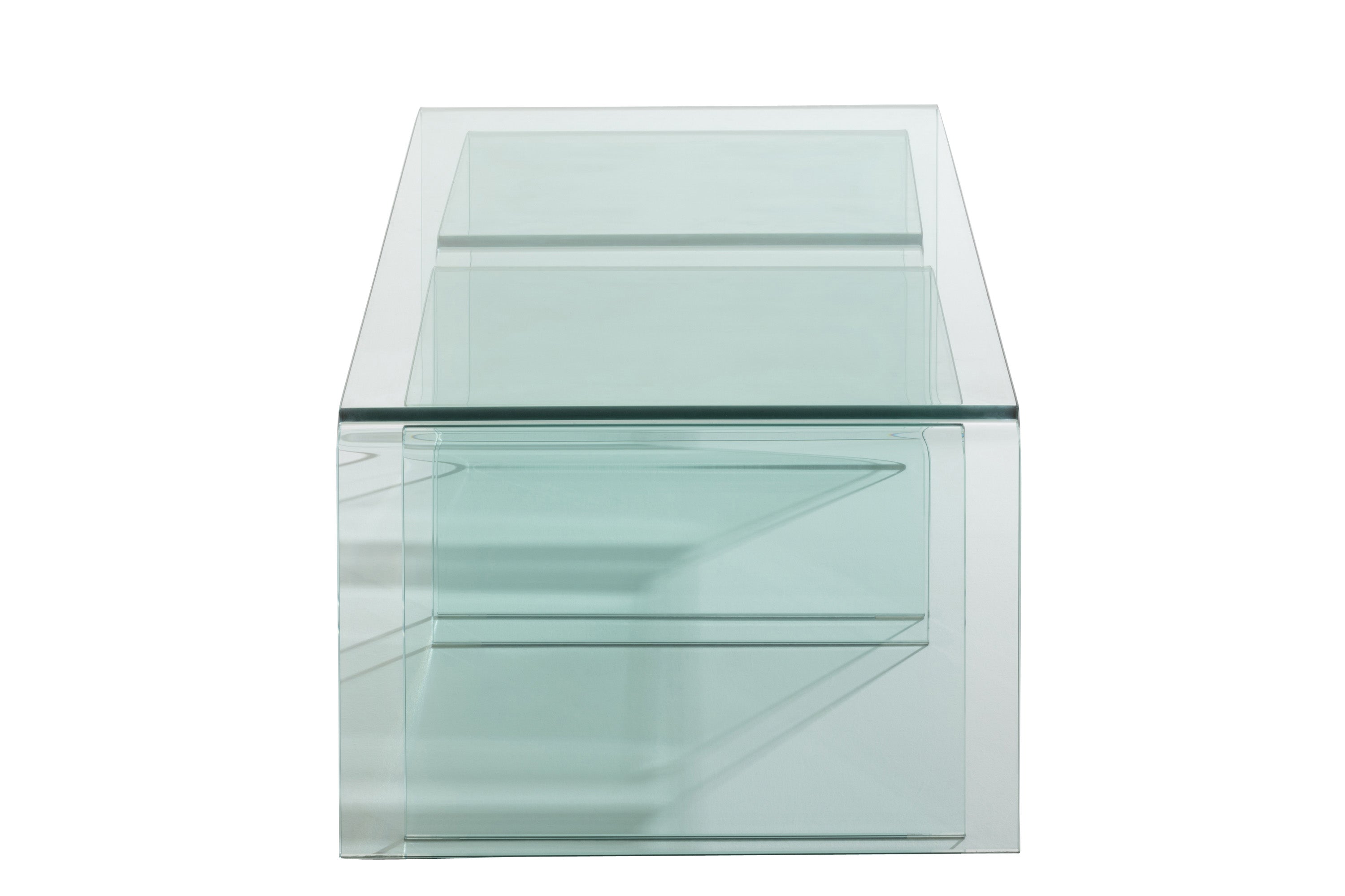 3 moderne Glas-Couchtische als Set, transparent zum weiß, verschiedene Größen