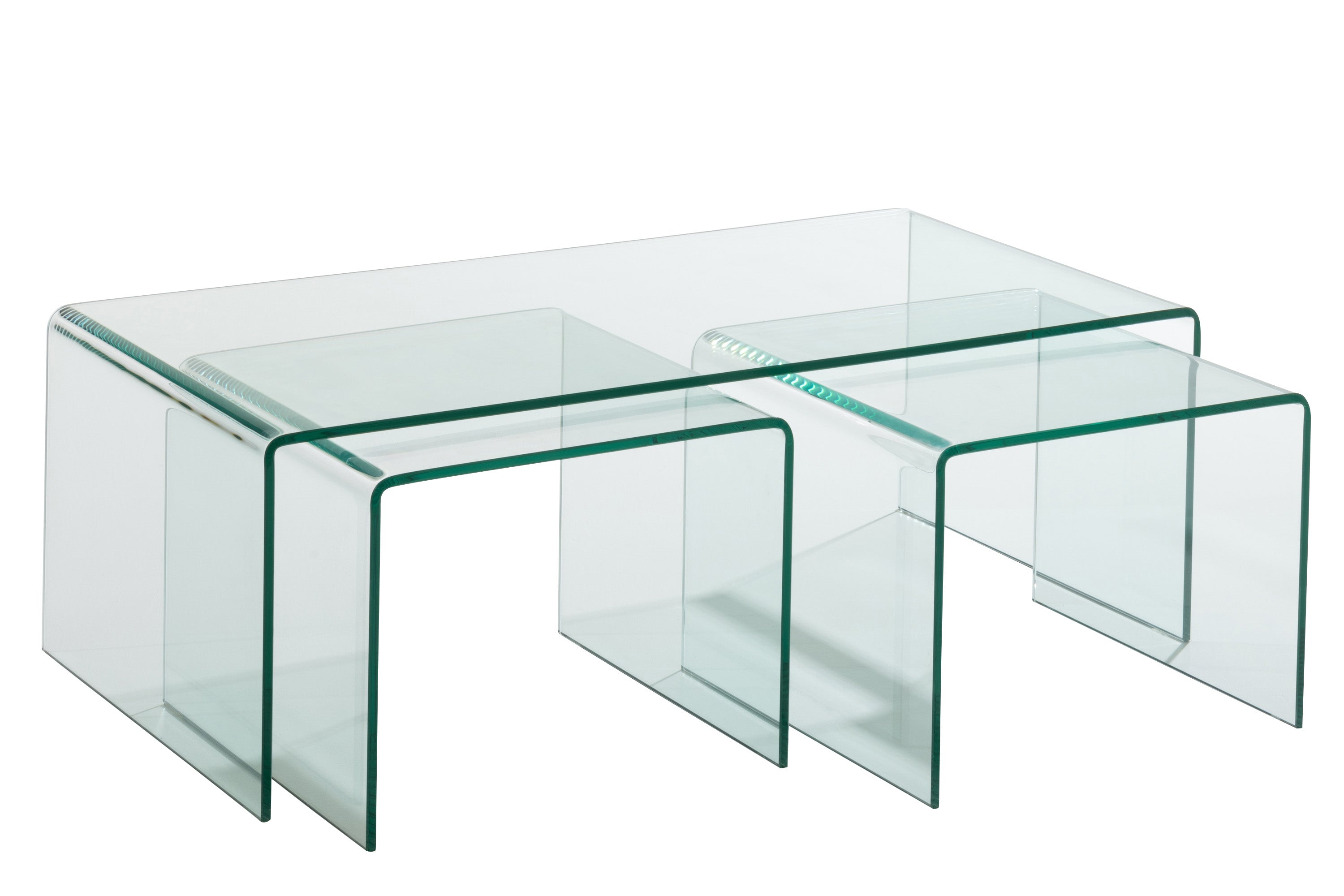 3 moderne Glas-Couchtische als Set, transparent zum weiß, verschiedene Größen