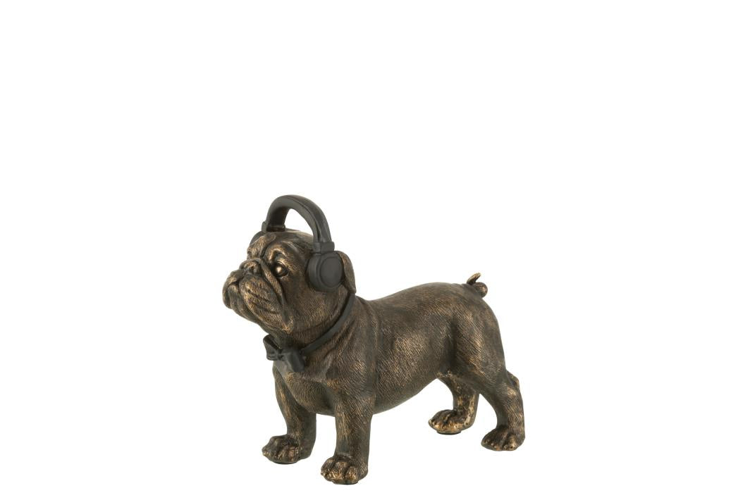 BULLDOGGE MIT KOPFHÖRER POLYRESIN DUNKELBRAUN SMALL