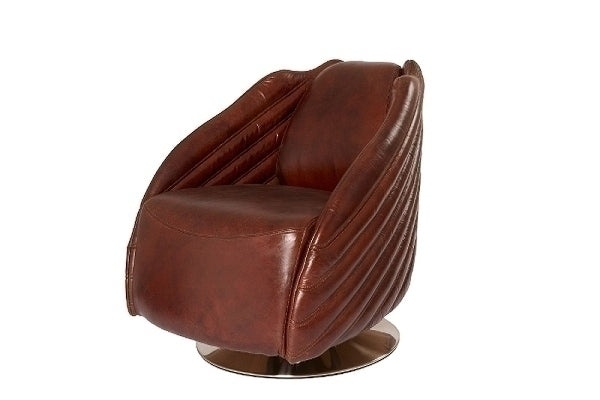 Detroit | Rindsleder-Sessel braun, drehbar, Baseballhandschuh-Form, Aluminium