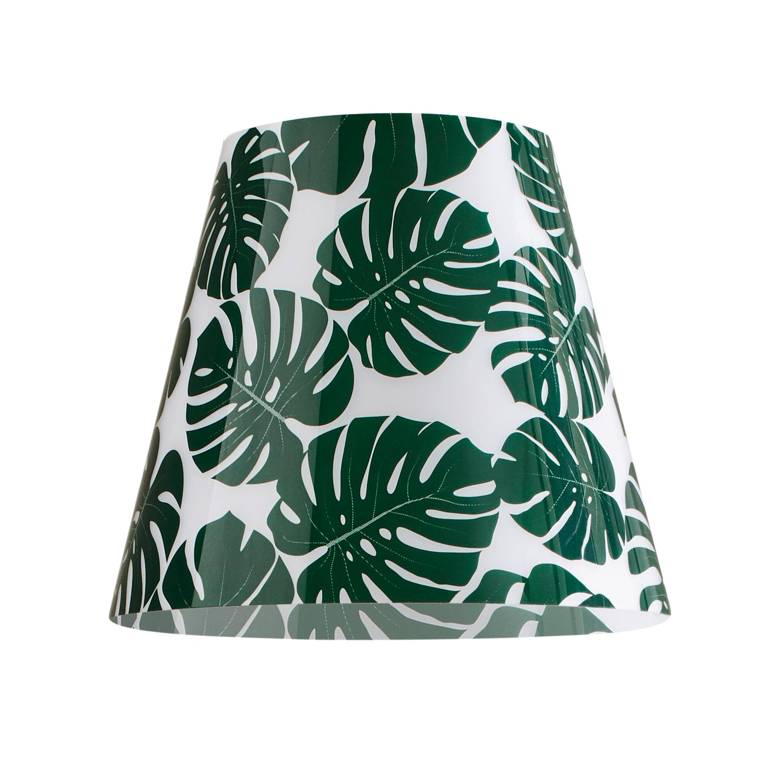 Wechselbares Design Cover für den Swap Lampenschirm von Moree; rund, nach unten leicht ausgestellt, weiß mit grünen Blättern im Design eines Gummibaums bedruckt.