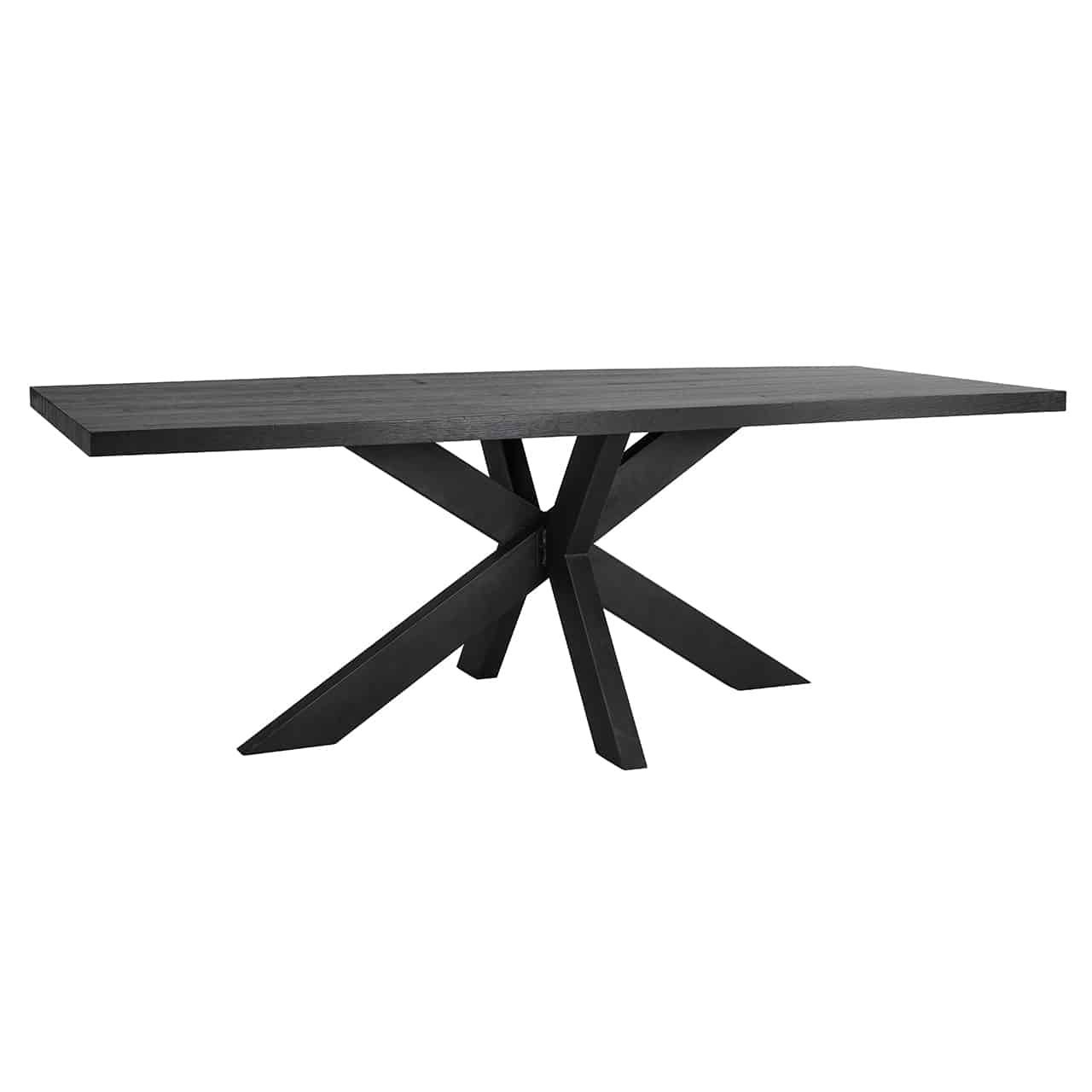 Tischplatte Oakura 200, rechteckig, aus schwarzem Eichenholzfurnier; hier auf einem sternförmigen schwarzem Tischgestell.