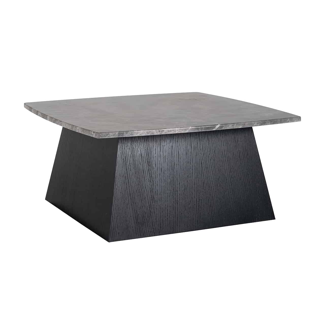 Couchtisch schwarz; auf einem quaderförmigen Block, der sich nach onen leicht verjüngt liegt eine quadratische, marmorierte Platte, deren Seiten leicht gebogen sind.