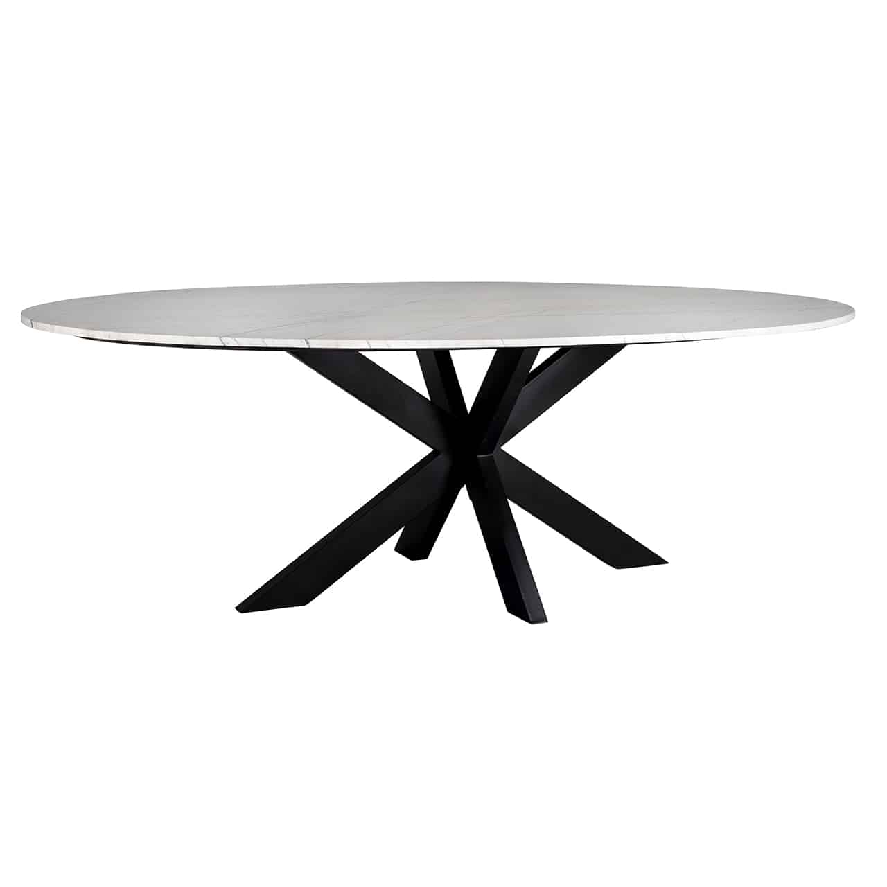 Esstisch mit einem Tischgestell aus sternförmig angeordneten Planken aus schwarzem  Eisen  und einer ovalen Tischplatte aus weißem Carrara Marmor.