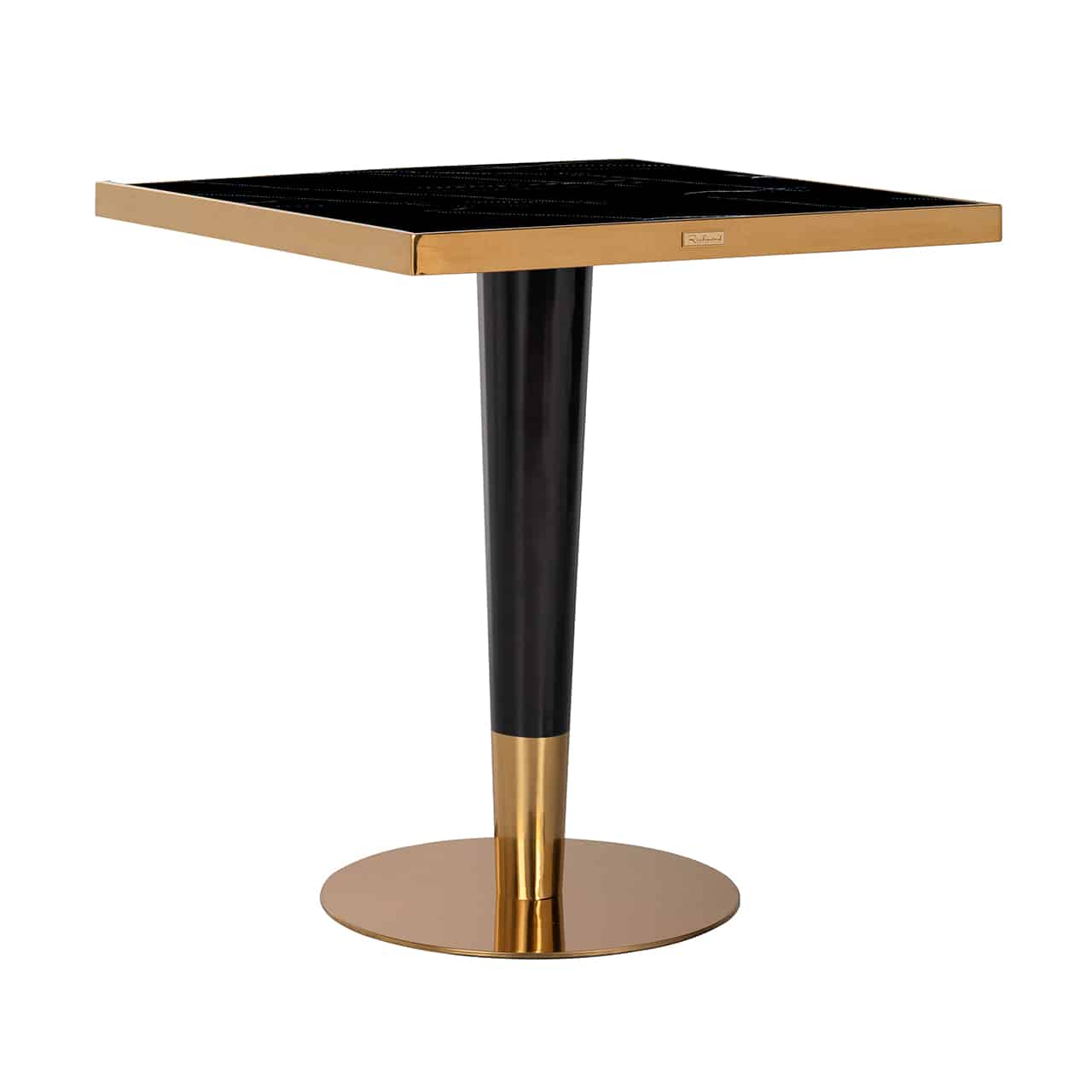 Kleiner, quadratischer Tisch  mit einer schwarzen Tischplatte, mit einer Goldleiste umrandet; mittig ein leicht konisch zulaufender, runder Fuß in schwarz mit unten goldener Manschette, sowie einem goldenen Standteller.